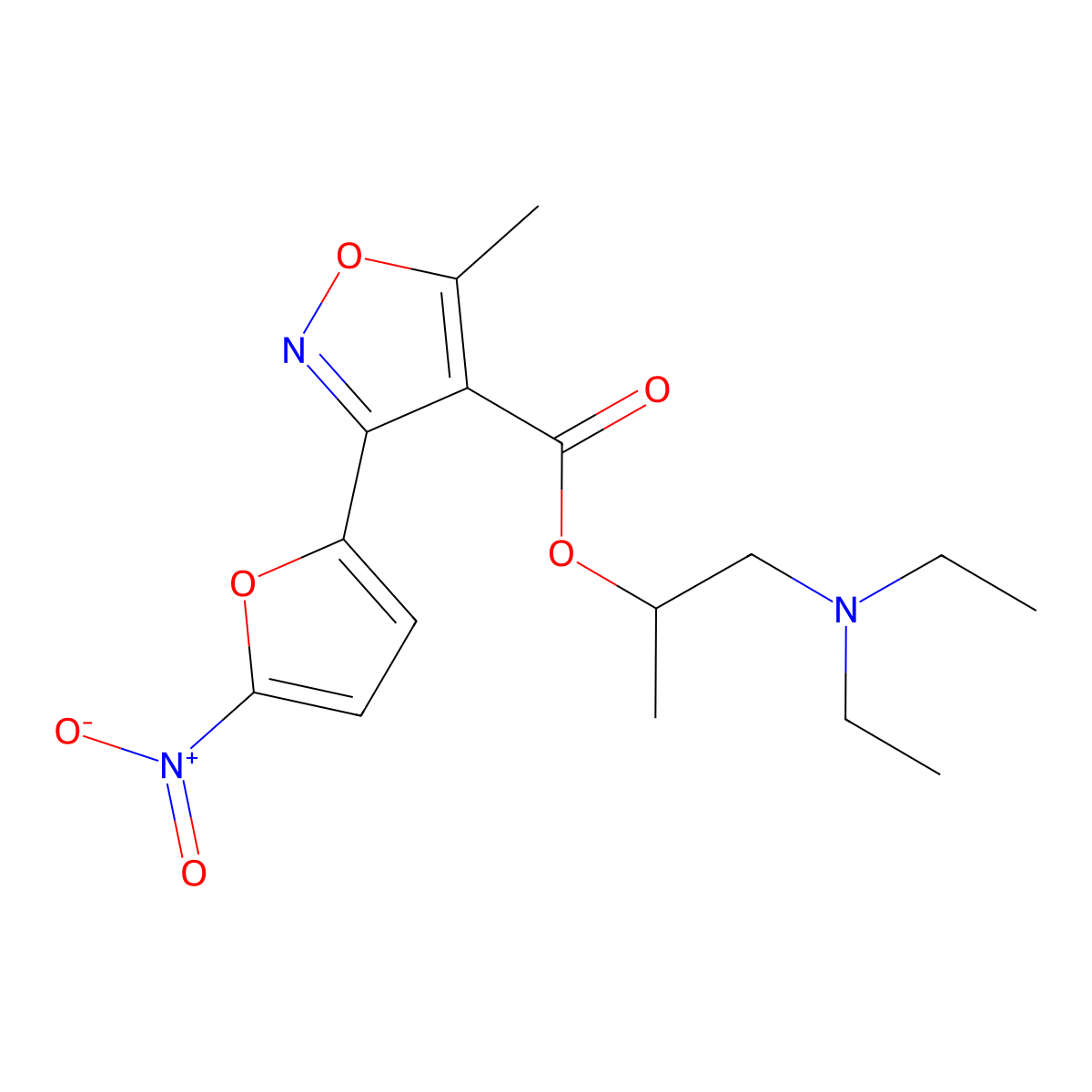 4-Isoxazolecarboxylic acid, 5-methyl-3-(5-nitro-2-furyl)-, 2-(diethylamino)-1-methylethyl ester molecular structure, CAS 21709-30-8