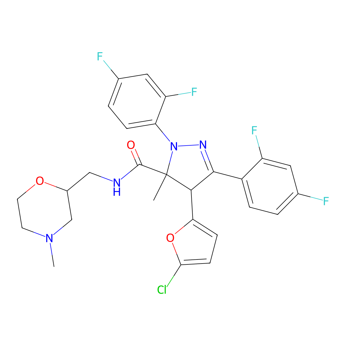 1H-Pyrazole-5-carboxamide, 4-(5-chloro-2-furanyl)-1,3-bis(2,4-difluorophenyl)-4,5-dihydro-5-methyl-N-[(4-methyl-2-morpholinyl)methyl] molecular structure, CAS 2171015-78-2