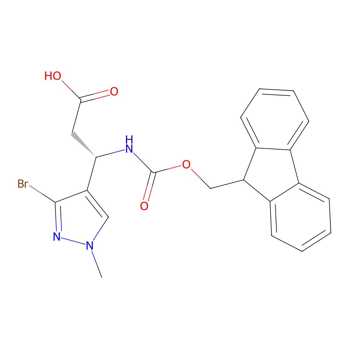 (3S)-3-(3-bromo-1-methyl-1H-pyrazol-4-yl)-3-({[(9H-fluoren-9-yl)methoxy]carbonyl}amino)propanoic acid molecular structure, CAS 2171143-41-0