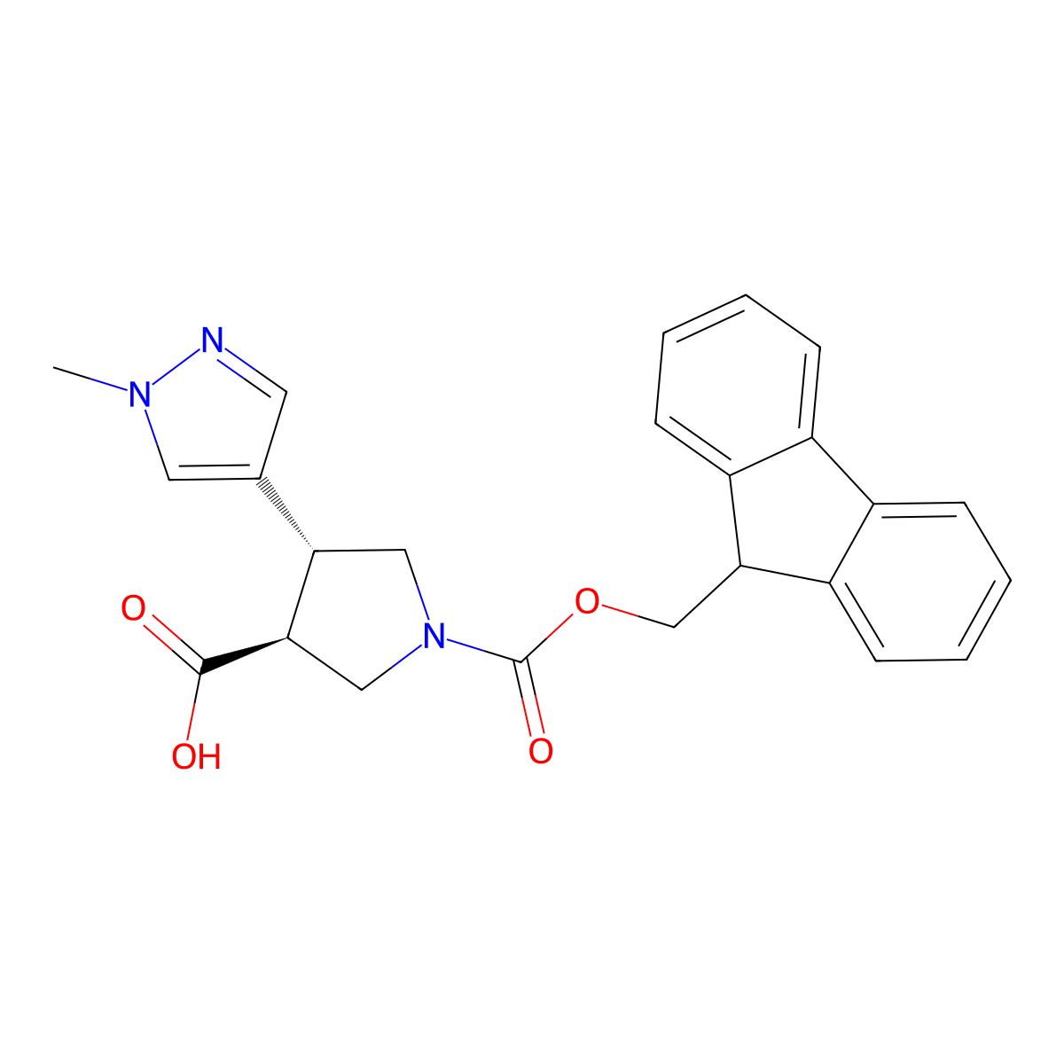 (3S,4R)-1-{[(9H-fluoren-9-yl)methoxy]carbonyl}-4-(1-methyl-1H-pyrazol-4-yl)pyrrolidine-3-carboxylic acid molecular structure, CAS 2171224-25-0