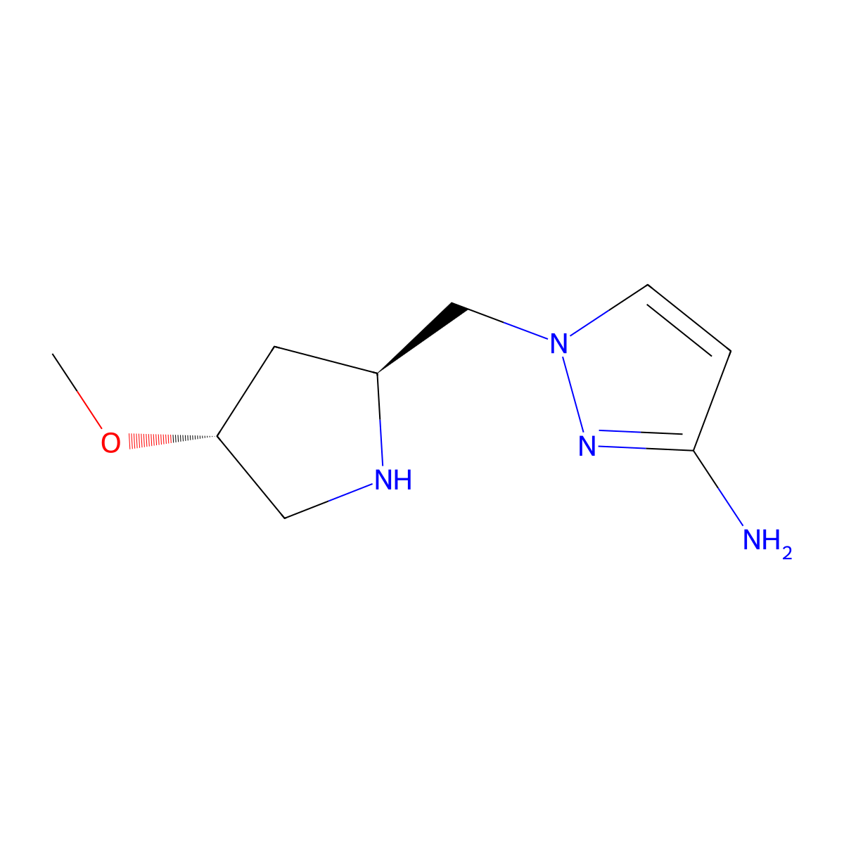 1-{[(2S,4R)-4-methoxypyrrolidin-2-yl]methyl}-1H-pyrazol-3-amine molecular structure, CAS 2171273-01-9