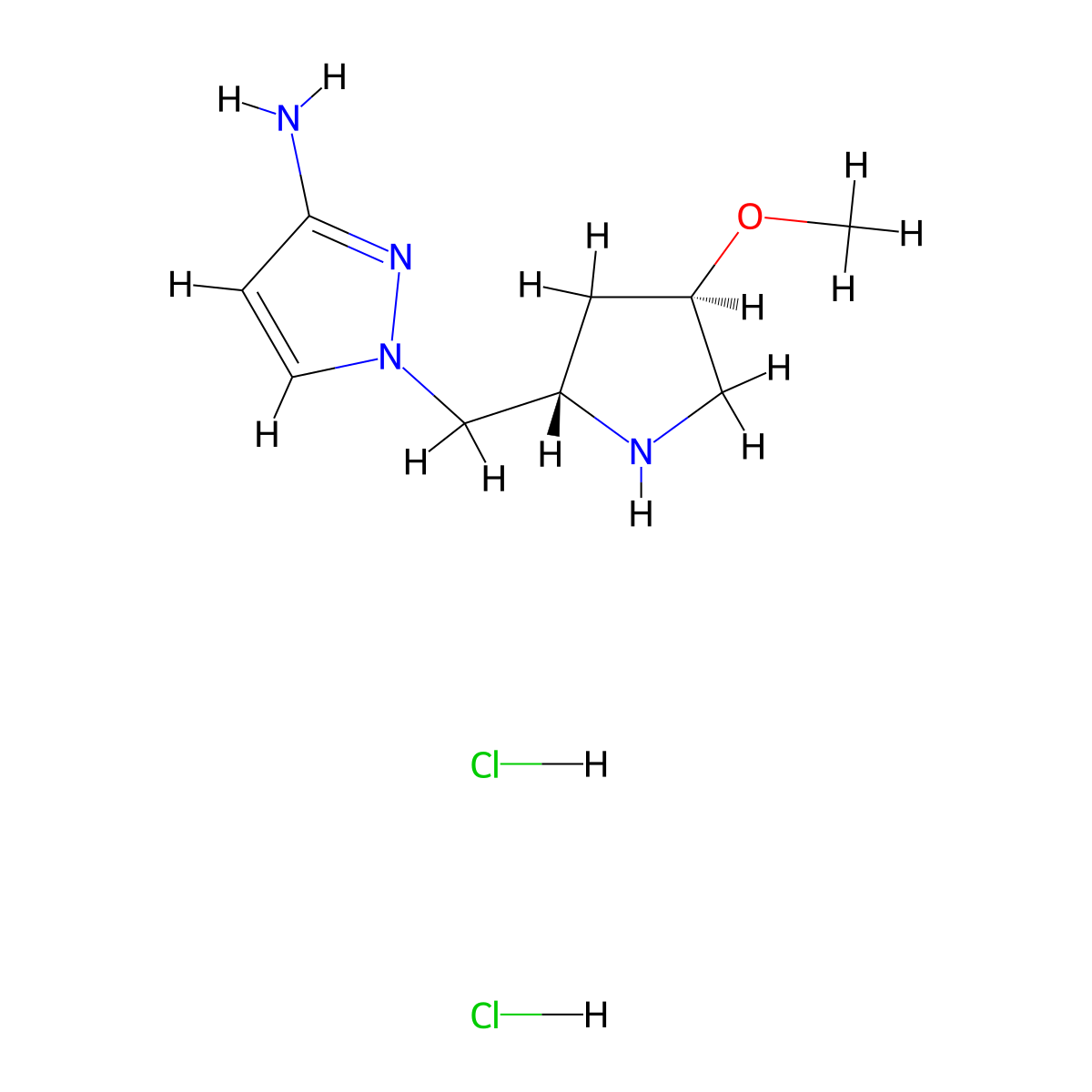 1-{[(2S,4R)-4-methoxypyrrolidin-2-yl]methyl}-1H-pyrazol-3-amine dihydrochloride molecular structure, CAS 2171273-02-0