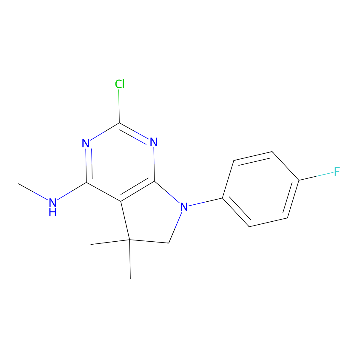 2-Chloro-7-(4-fluorophenyl)-N,5,5-trimethyl-6,7-dihydro-5H-pyrrolo[2,3-d]pyrimidin-4-amine molecular structure, CAS 2171305-25-0