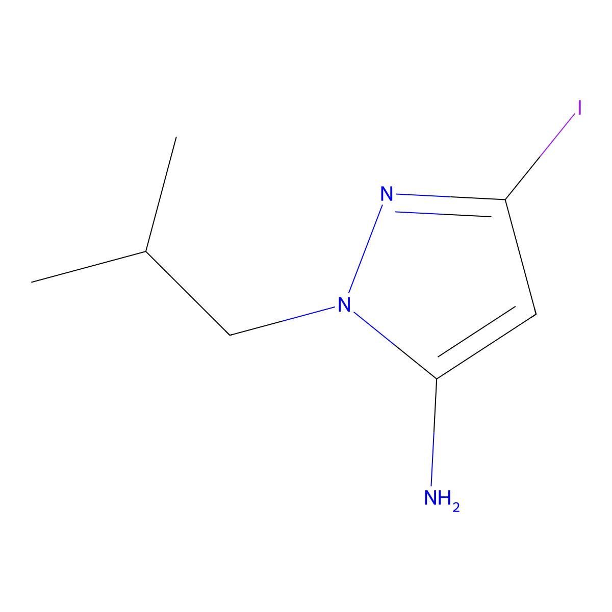 3-iodo-1-(2-methylpropyl)-1H-pyrazol-5-amine molecular structure, CAS 2171323-62-7
