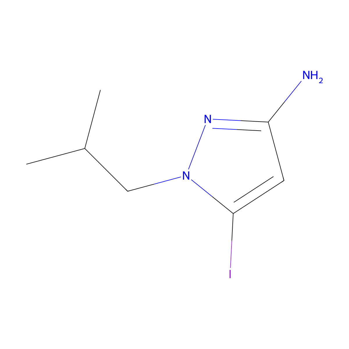 5-iodo-1-(2-methylpropyl)-1H-pyrazol-3-amine molecular structure, CAS 2171323-73-0