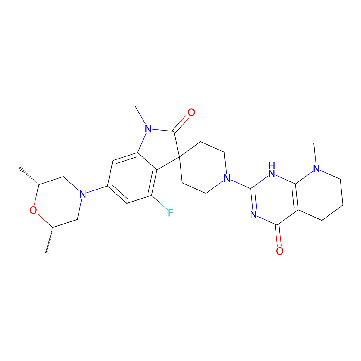 6-[(2R,6S)-2,6-dimethylmorpholin-4-yl]-4-fluoro-1-methyl-1'-(8-methyl-4-oxo-3,5,6,7-tetrahydropyrido[2,3-d]pyrimidin-2-yl)spiro[indole-3,4'-piperidine]-2-one molecular structure, CAS 2171388-28-4