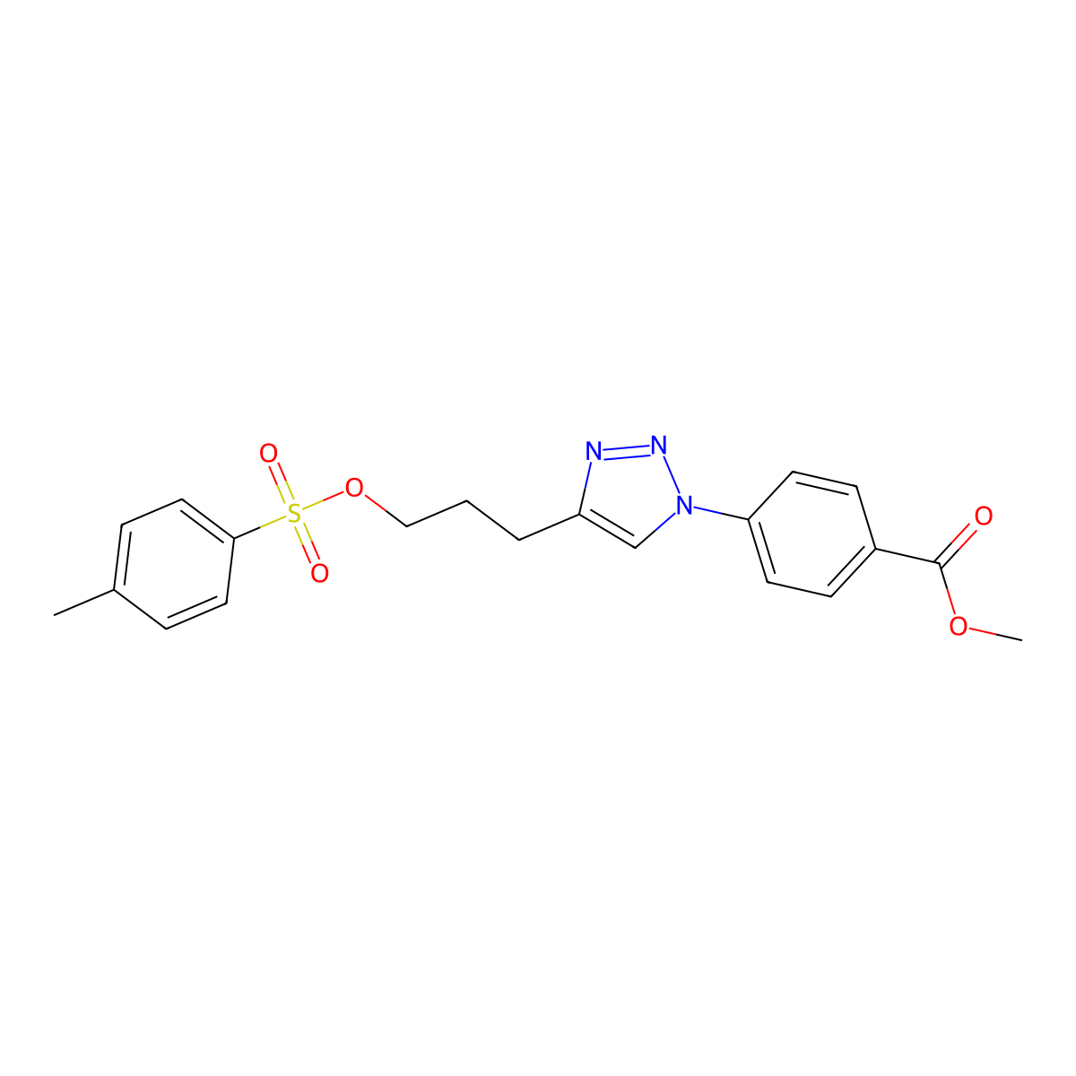 Methyl 4-(4-(3-(tosyloxy)propyl)-1H-1,2,3-triazol-1-yl)benzoate molecular structure, CAS 2171519-89-2