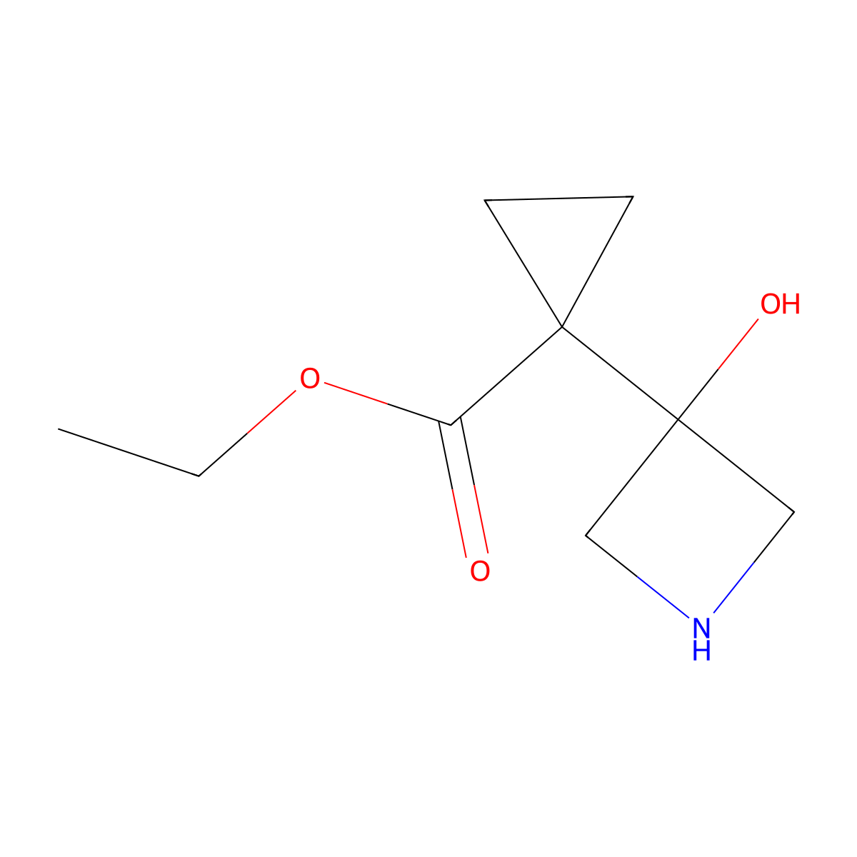 Ethyl 1-(3-hydroxyazetidin-3-yl)cyclopropane-1-carboxylate molecular structure, CAS 2171799-69-0