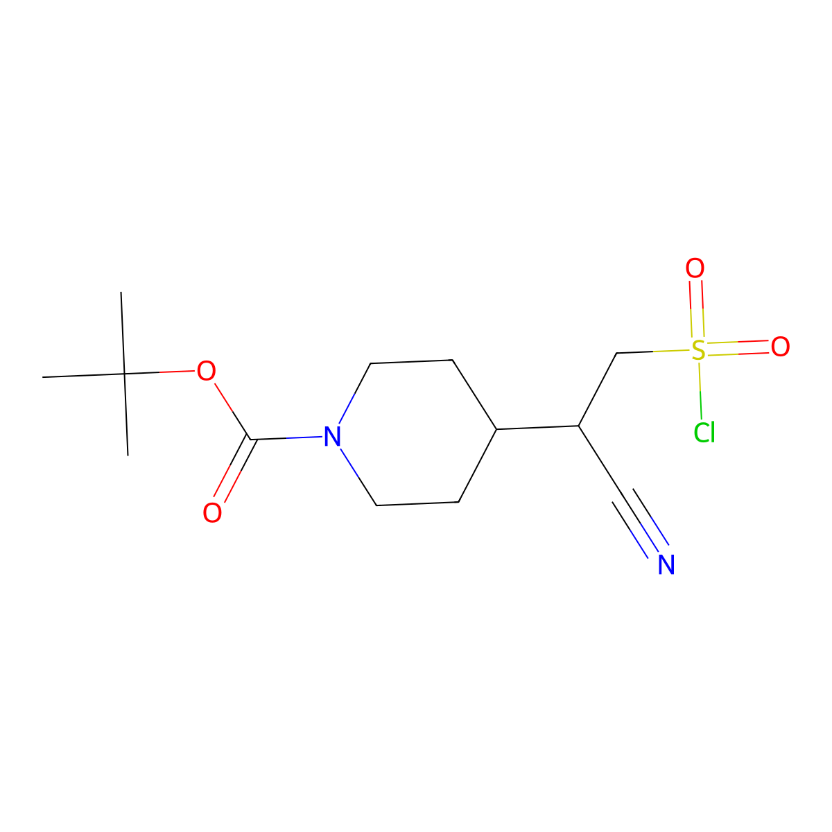 Tert-butyl 4-[2-(chlorosulfonyl)-1-cyanoethyl]piperidine-1-carboxylate molecular structure, CAS 2171802-20-1