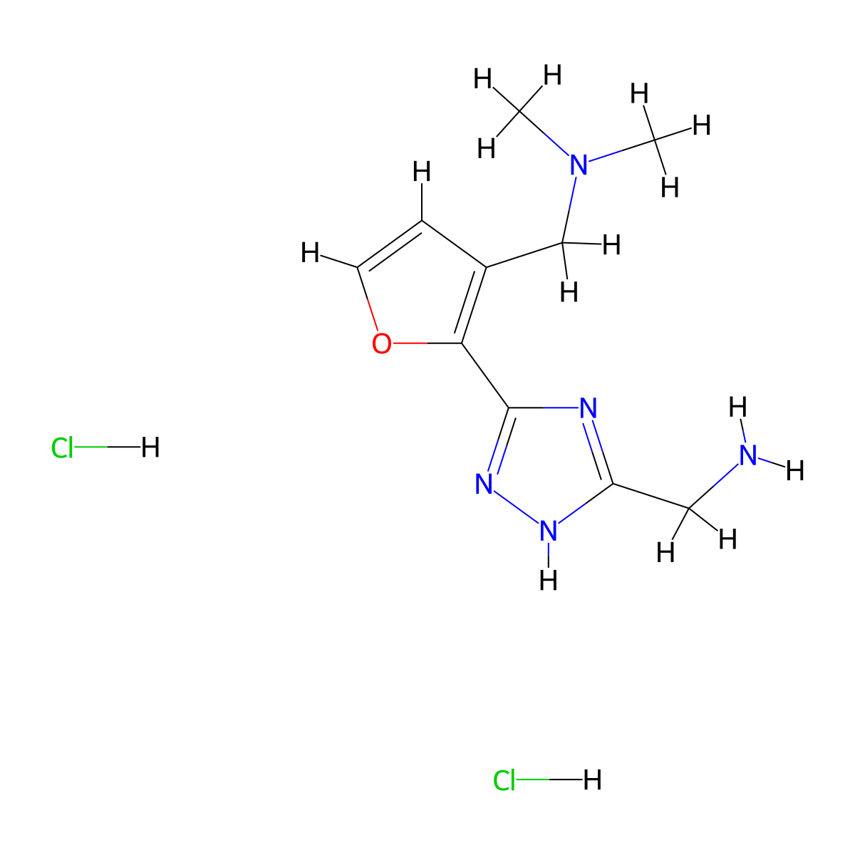 (5-{3-[(dimethylamino)methyl]furan-2-yl}-1H-1,2,4-triazol-3-yl)methanamine dihydrochloride molecular structure, CAS 2171804-56-9