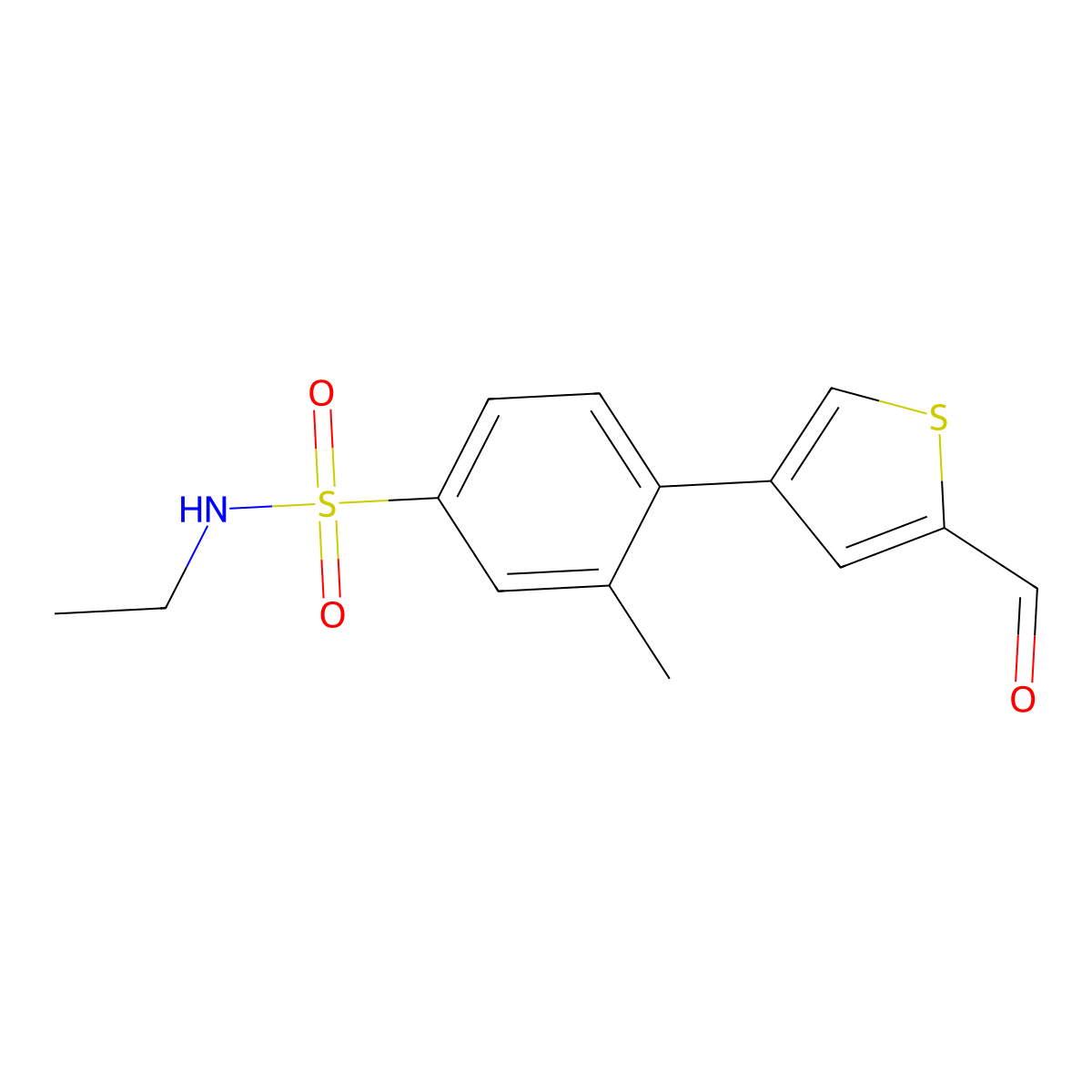 N-ethyl-4-(5-formylthiophen-3-yl)-3-methylbenzene-1-sulfonamide molecular structure, CAS 2171858-27-6