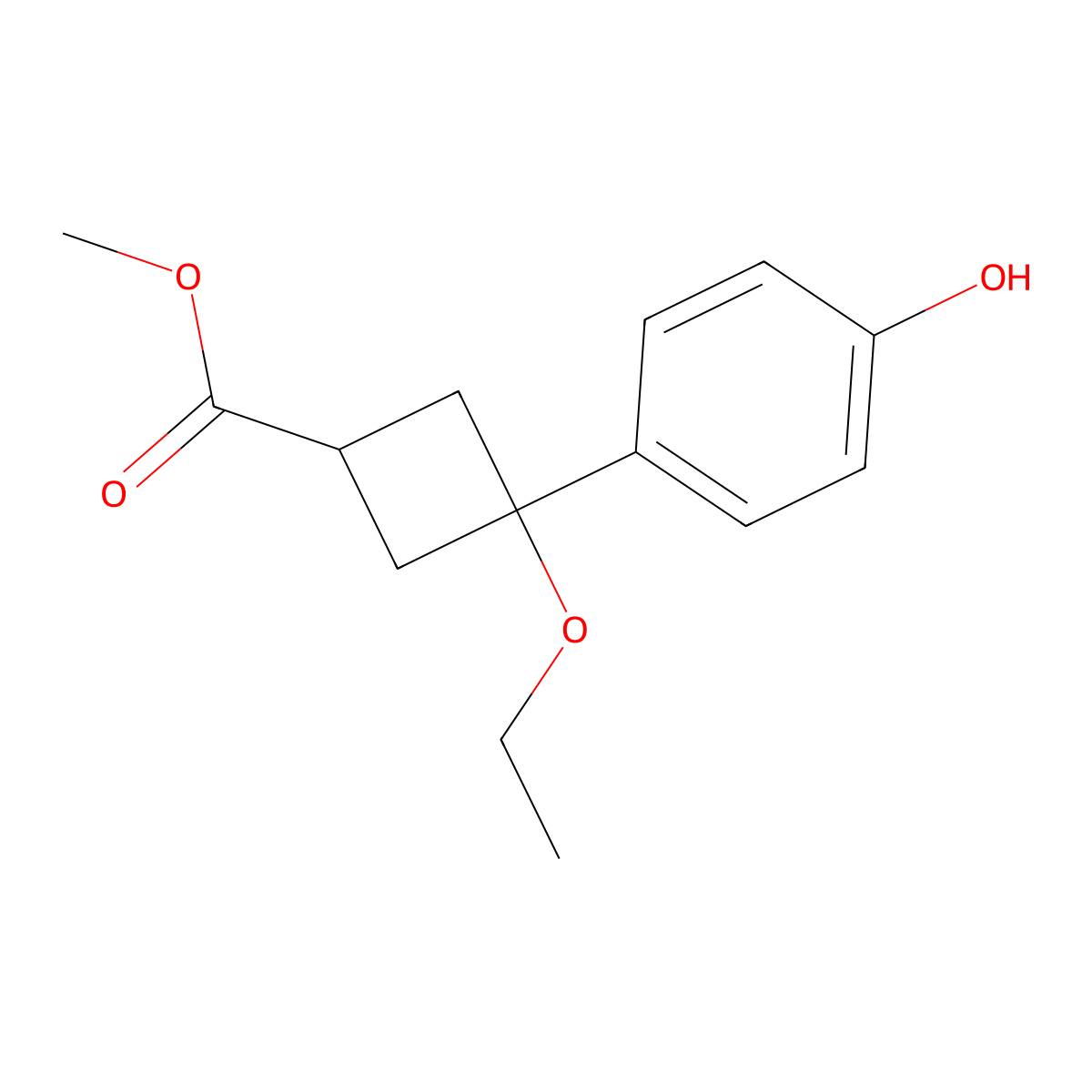 Methyl 3-ethoxy-3-(4-hydroxyphenyl)cyclobutane-1-carboxylate molecular structure, CAS 2171918-02-6