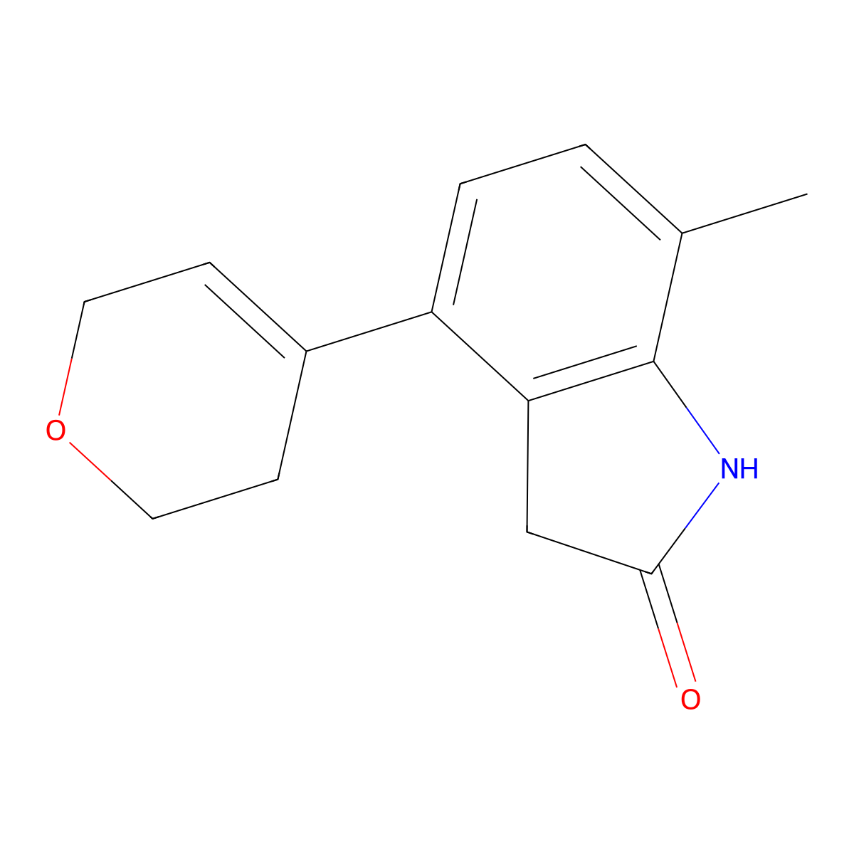 4-(3,6-dihydro-2H-pyran-4-yl)-7-methyl-2,3-dihydro-1H-indol-2-one molecular structure, CAS 2171924-78-8