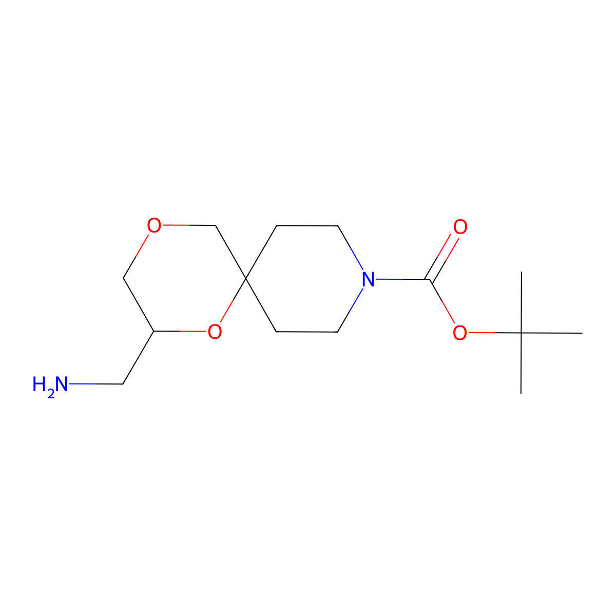 Tert-butyl 2-(aminomethyl)-1,4-dioxa-9-azaspiro[5.5]undecane-9-carboxylate molecular structure, CAS 2171965-43-6
