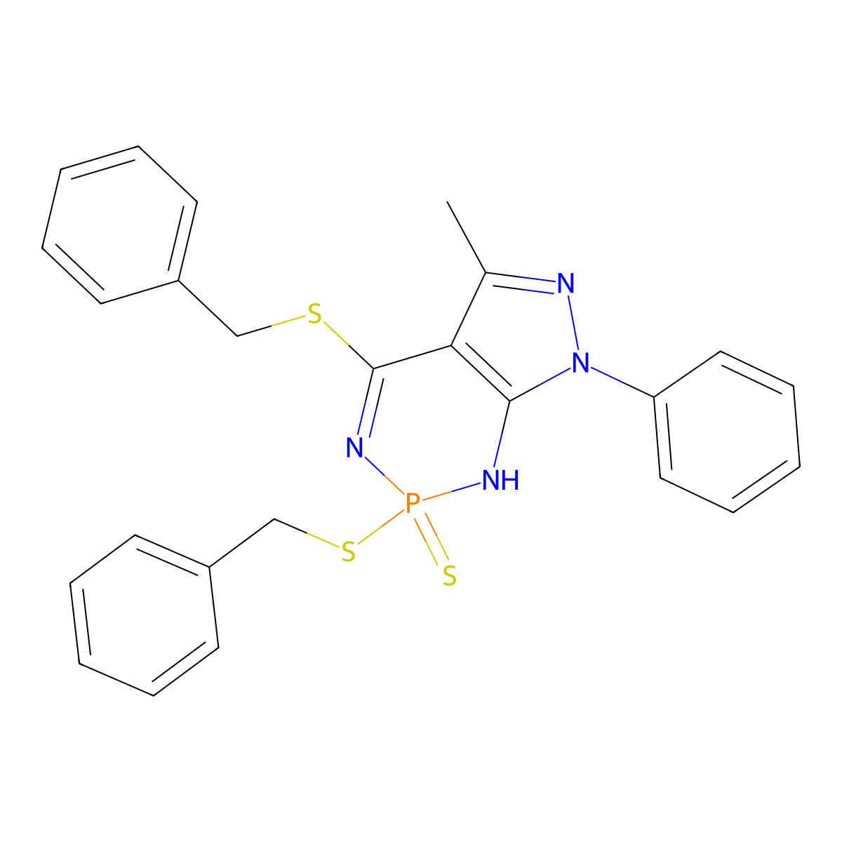 2,4-bis(benzylsulfanyl)-5-methyl-7-phenyl-2,7-dihydro-1H-pyrazolo[3,4-d][1,3,2]diazaphosphinine 2-sulfide molecular structure, CAS 217201-84-8