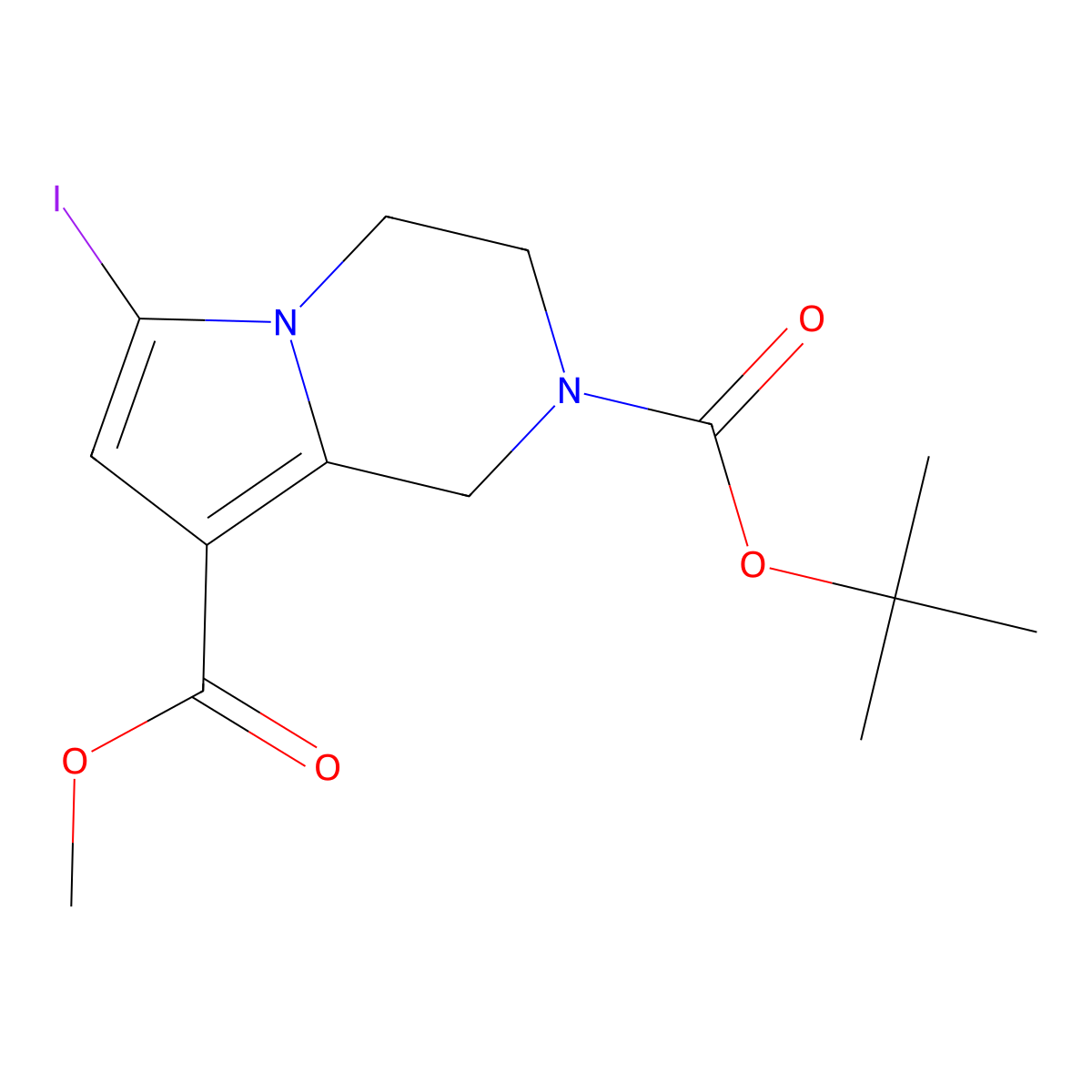 2-tert-butyl 8-methyl 6-iodo-1H,2H,3H,4H-pyrrolo(1,2-a)pyrazine-2,8-dicarboxylate molecular structure, CAS 2172013-29-3