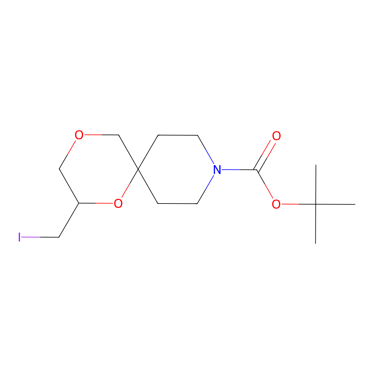 Tert-butyl 2-(iodomethyl)-1,4-dioxa-9-azaspiro[5.5]undecane-9-carboxylate molecular structure, CAS 2172031-72-8