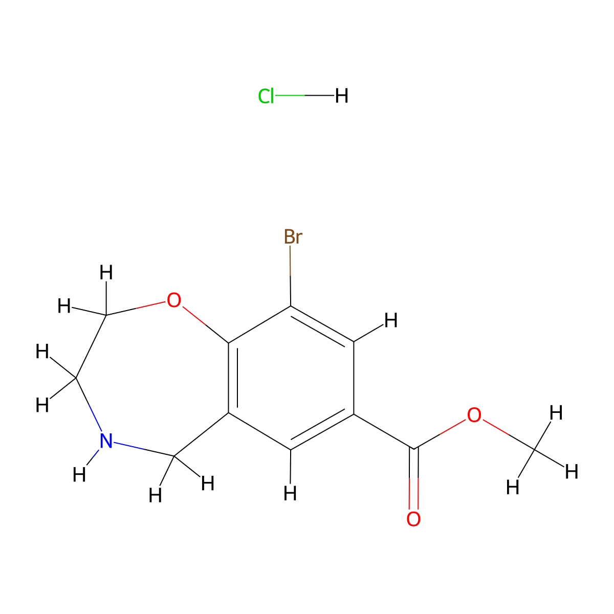 Methyl 9-bromo-2,3,4,5-tetrahydro-1,4-benzoxazepine-7-carboxylate hydrochloride molecular structure, CAS 2172033-34-8