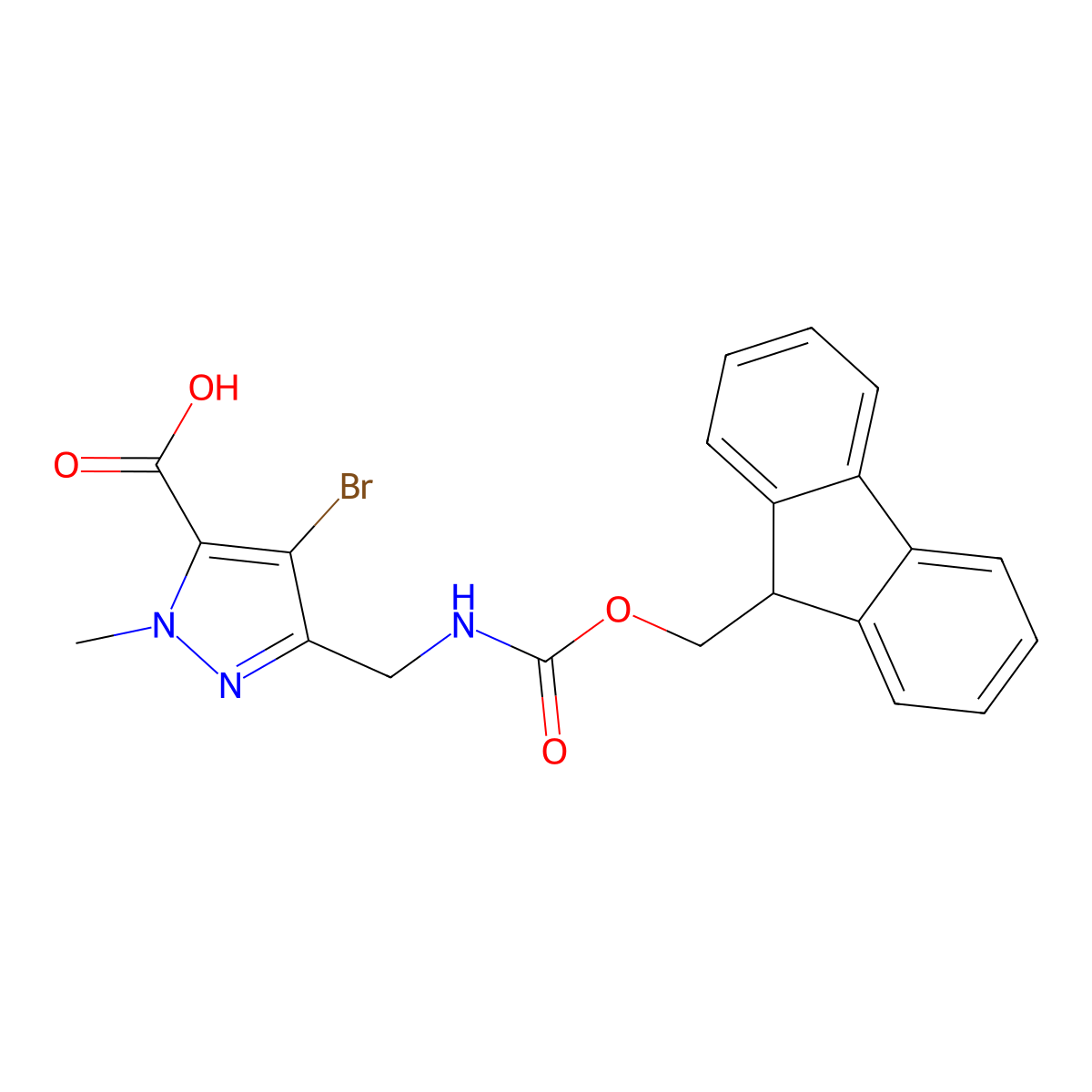 4-bromo-3-[({[(9H-fluoren-9-yl)methoxy]carbonyl}amino)methyl]-1-methyl-1H-pyrazole-5-carboxylic acid molecular structure, CAS 2172034-79-4