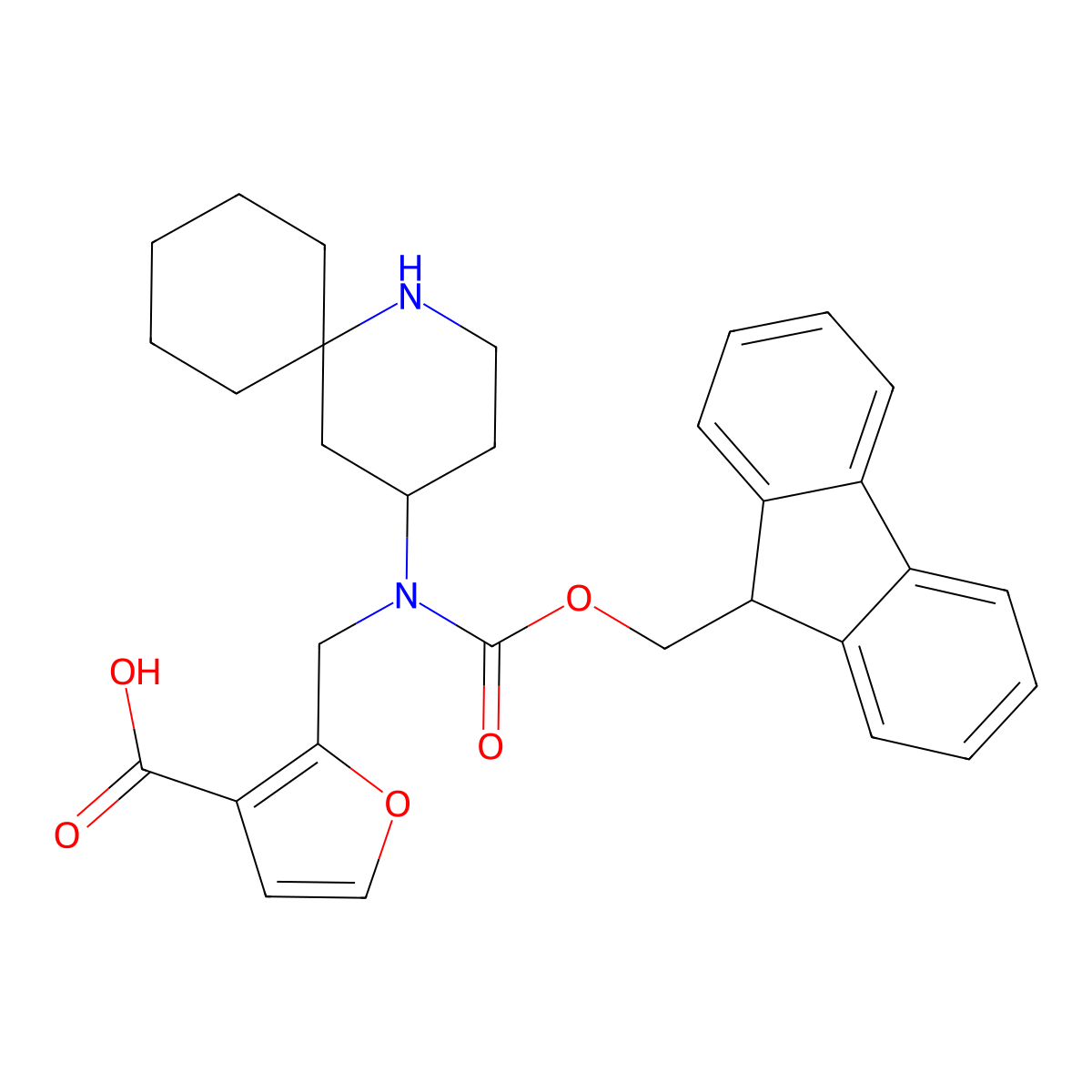 2-[({1-azaspiro[5.5]undecan-4-yl}({[(9H-fluoren-9-yl)methoxy]carbonyl})amino)methyl]furan-3-carboxylic acid molecular structure, CAS 2172076-31-0