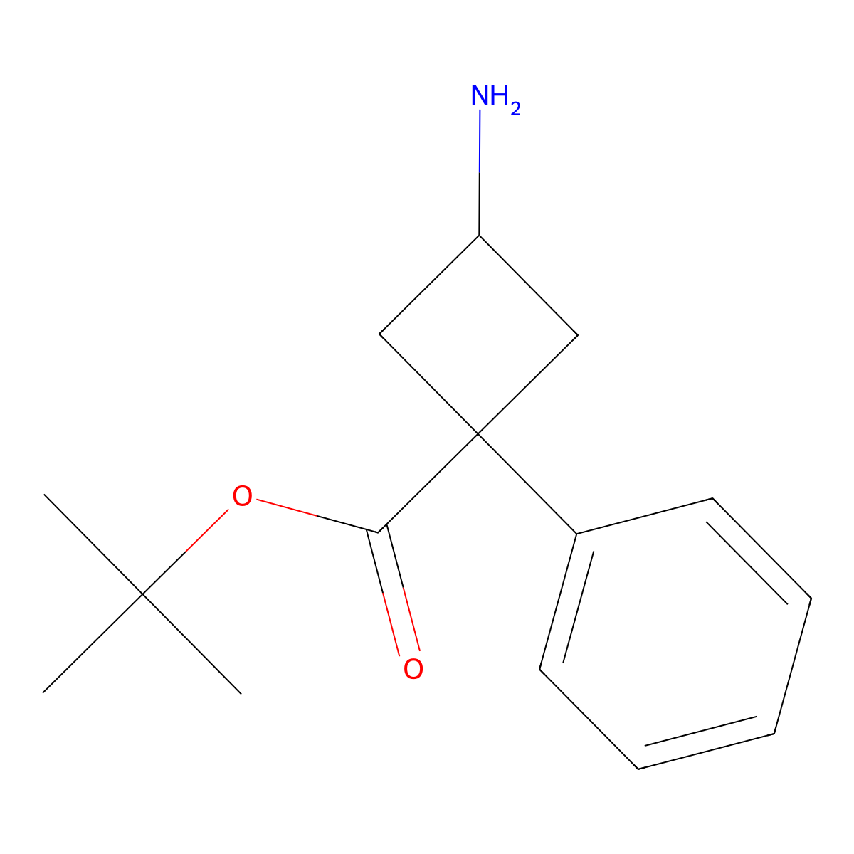 Tert-butyl 3-amino-1-phenylcyclobutane-1-carboxylate molecular structure, CAS 2172129-72-3