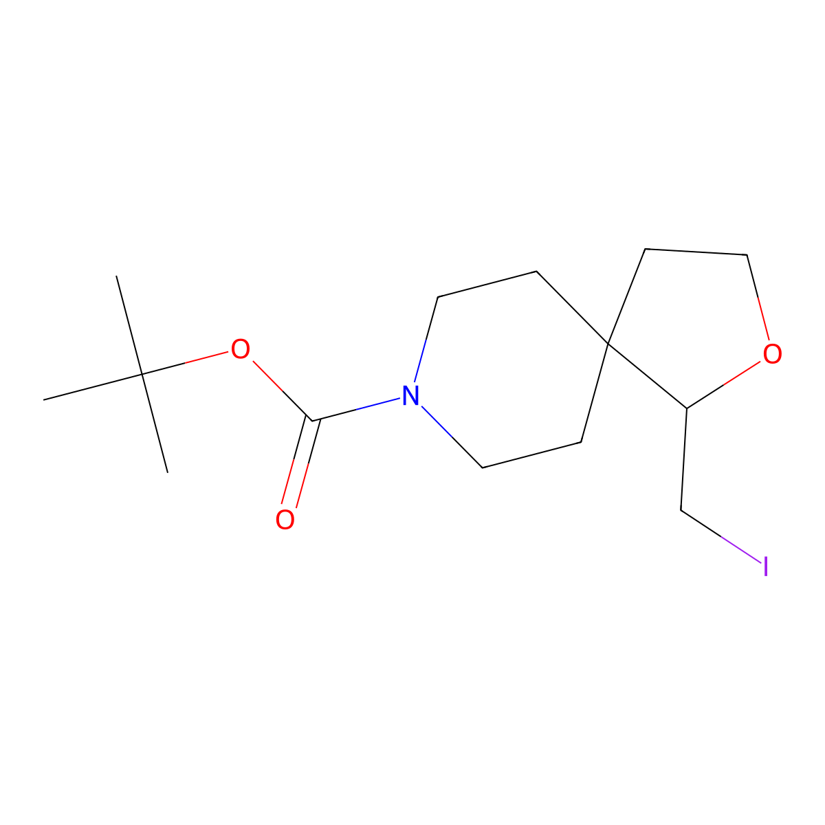 Tert-butyl 1-(iodomethyl)-2-oxa-8-azaspiro(4.5)decane-8-carboxylate molecular structure, CAS 2172135-66-7