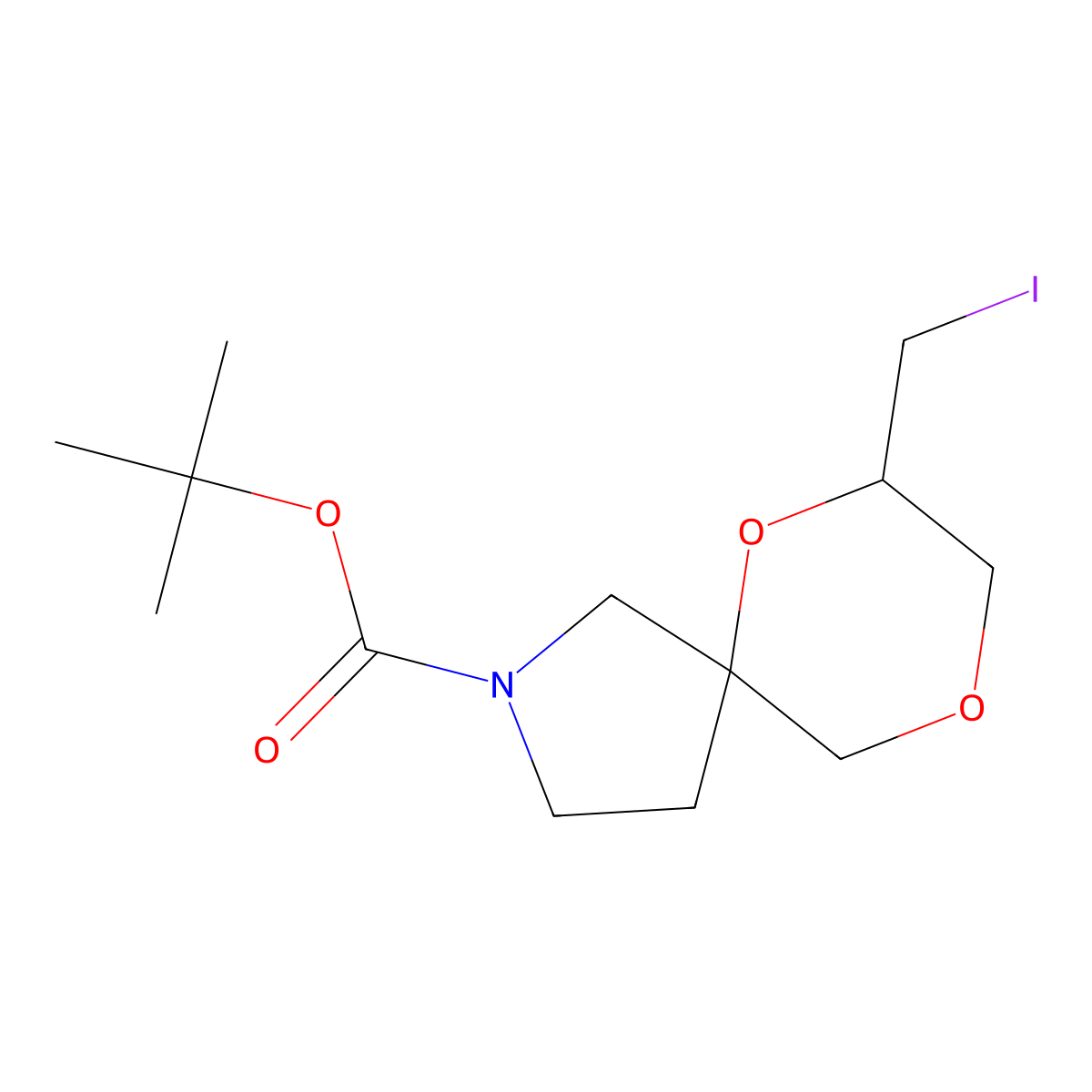 Tert-butyl 7-(iodomethyl)-6,9-dioxa-2-azaspiro[4.5]decane-2-carboxylate molecular structure, CAS 2172168-91-9
