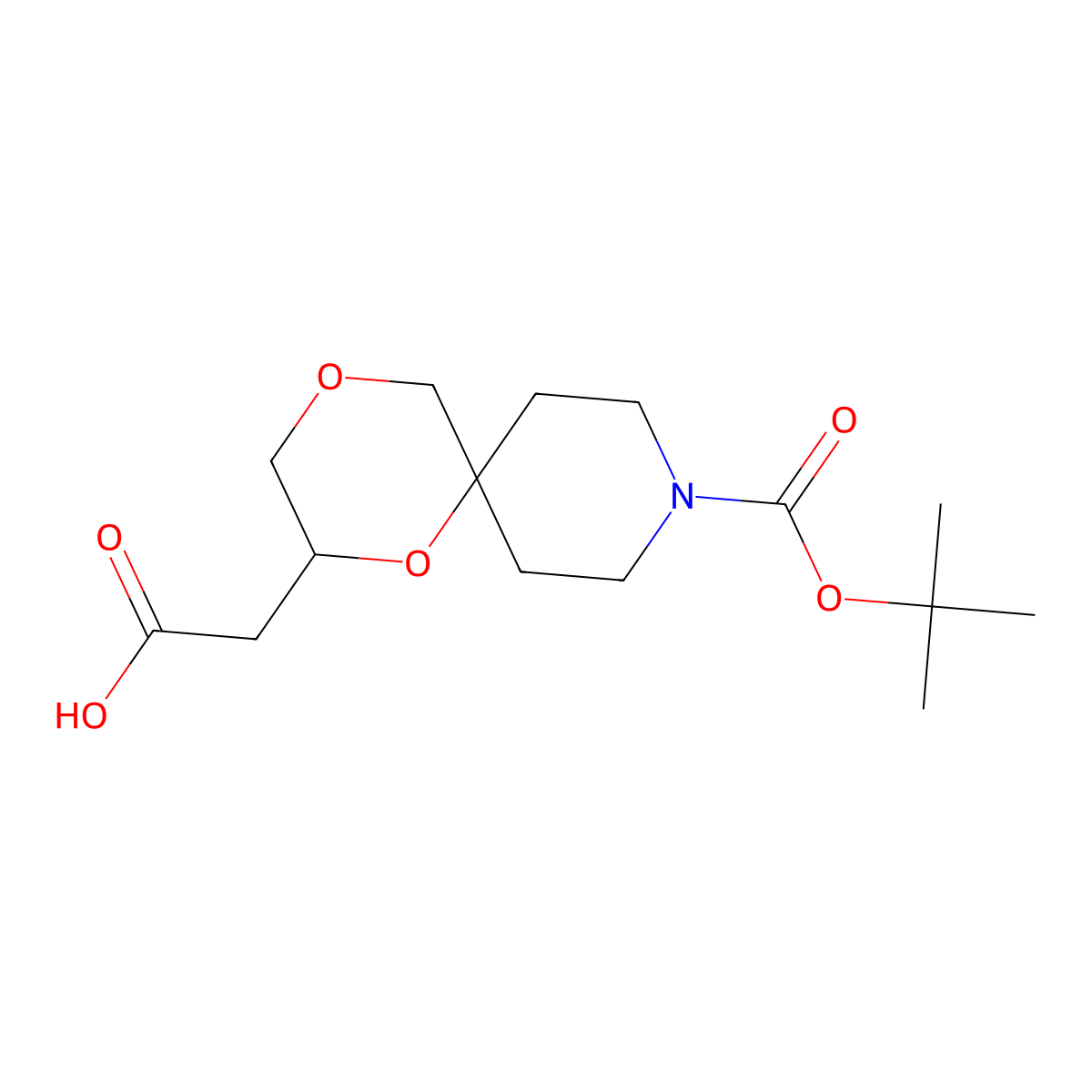 2-{9-[(Tert-butoxy)carbonyl]-1,4-dioxa-9-azaspiro[5.5]undecan-2-yl}acetic acid molecular structure, CAS 2172196-19-7