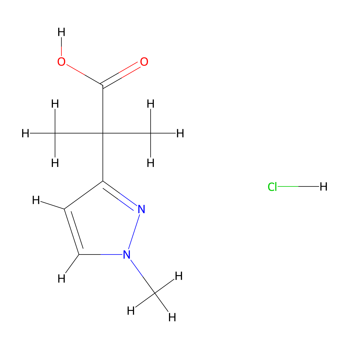 2-Methyl-2-(1-methyl-1H-pyrazol-3-yl)propanoic acid hydrochloride molecular structure, CAS 2172251-35-1