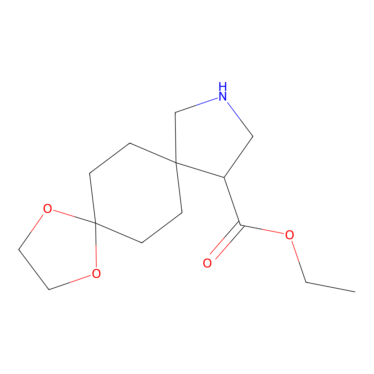 Ethyl 1,4-dioxa-10-azadispiro[4.2.4^{8}.2^{5}]tetradecane-12-carboxylate molecular structure, CAS 2172312-38-6