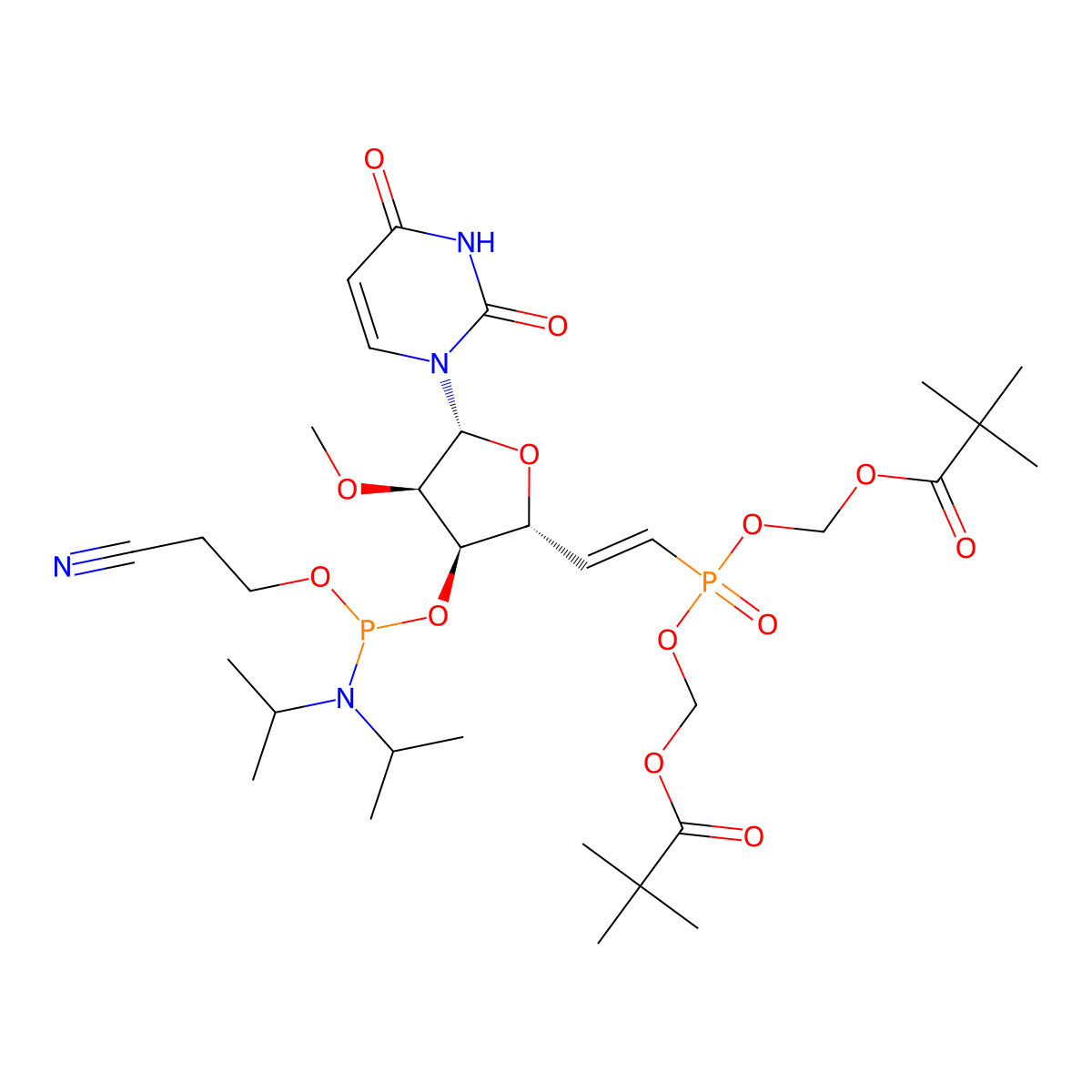((((E)-2-((2R,3R,4R,5R)-3-(((2-Cyanoethoxy)(diisopropylamino)phosphaneyl)oxy)-5-(2,4-dioxo-3,4-dihydropyrimidin-1(2H)-yl)-4-methoxytetrahydrofuran-2-yl)vinyl)phosphoryl)bis(oxy))bis(methylene) bis(2,2-dimethylpropanoate) molecular structure, CAS 2172373-55-4