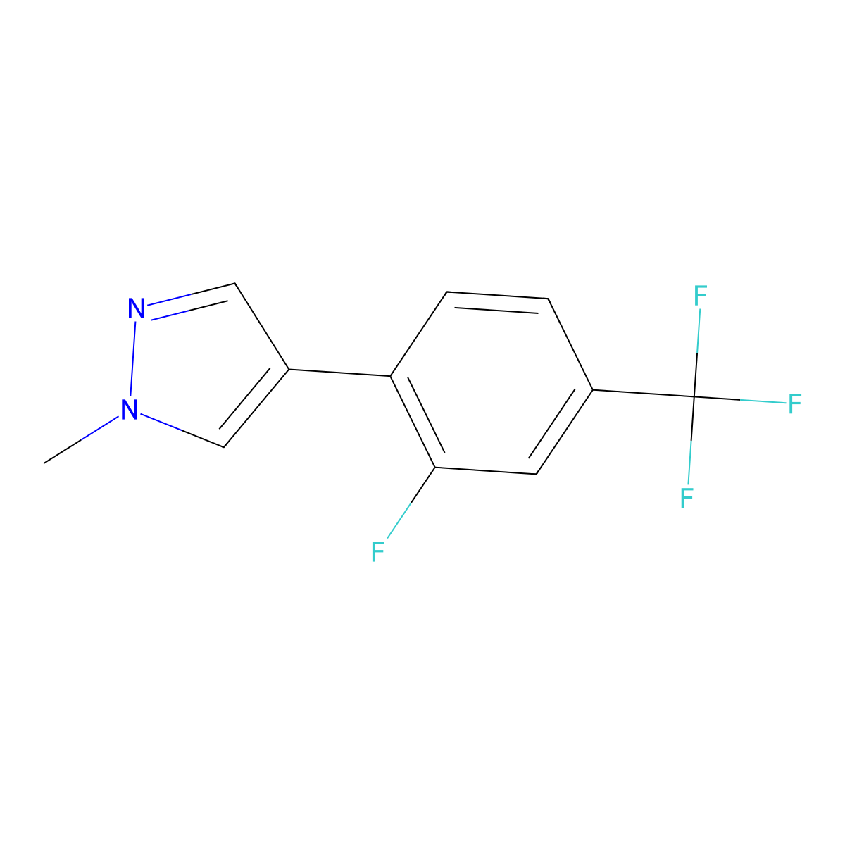 4-[2-fluoro-4-(trifluoromethyl)phenyl]-1-methyl-1H-pyrazole molecular structure, CAS 2172455-84-2