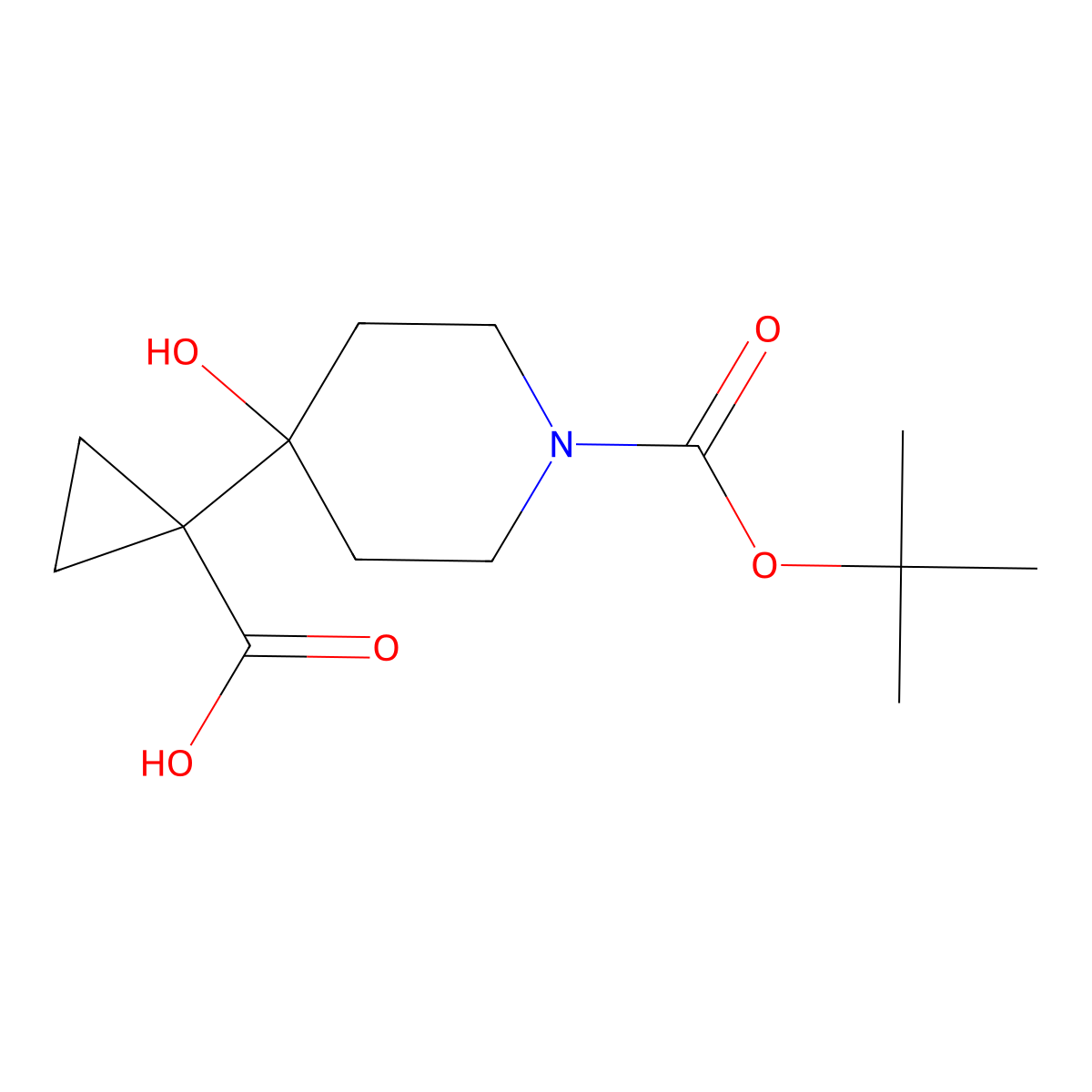 1-(1-((Tert-butoxy)carbonyl)-4-hydroxypiperidin-4-yl)cyclopropane-1-carboxylic acid molecular structure, CAS 2172538-03-1