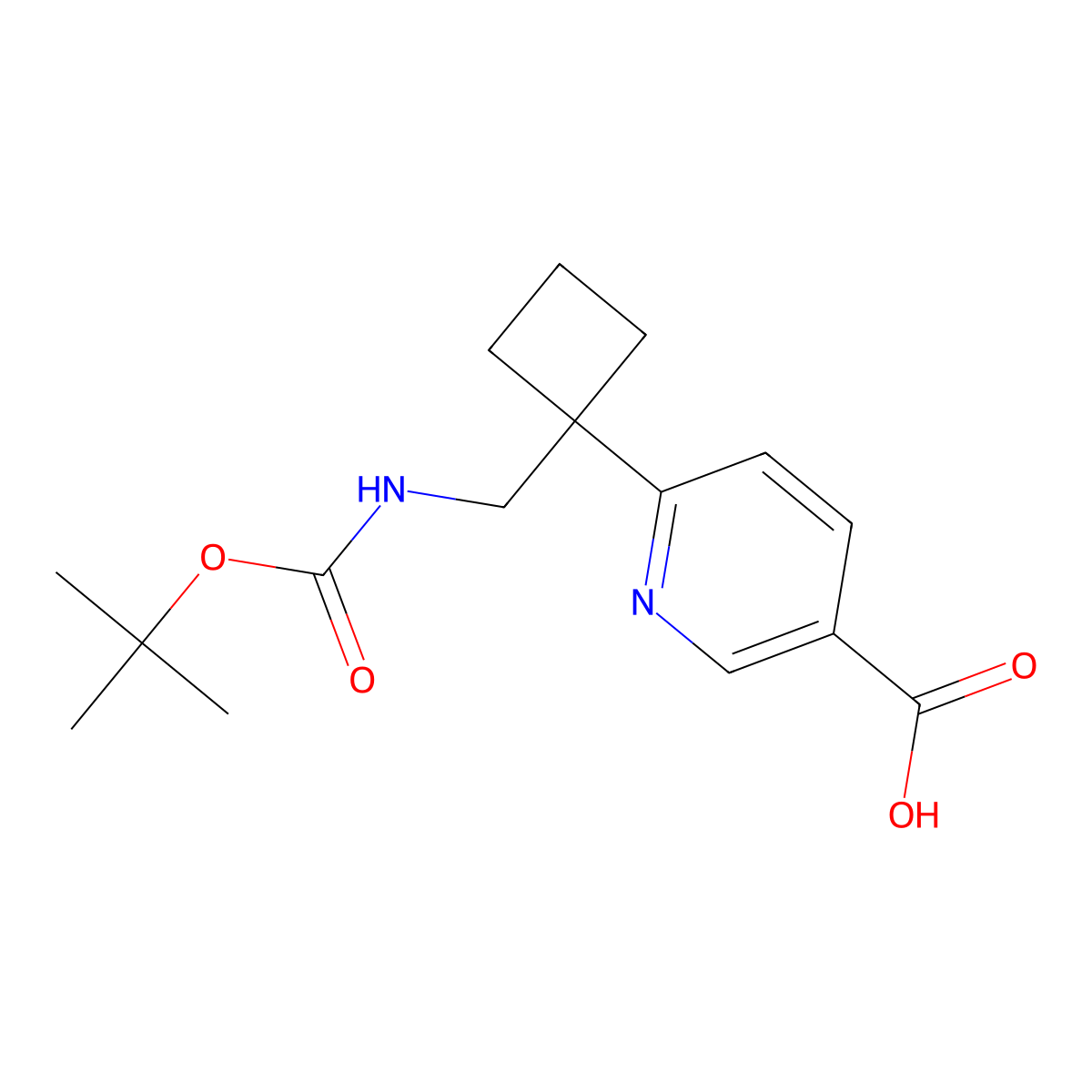 6-(1-((((Tert-butoxy)carbonyl)amino)methyl)cyclobutyl)pyridine-3-carboxylic acid molecular structure, CAS 2172563-13-0