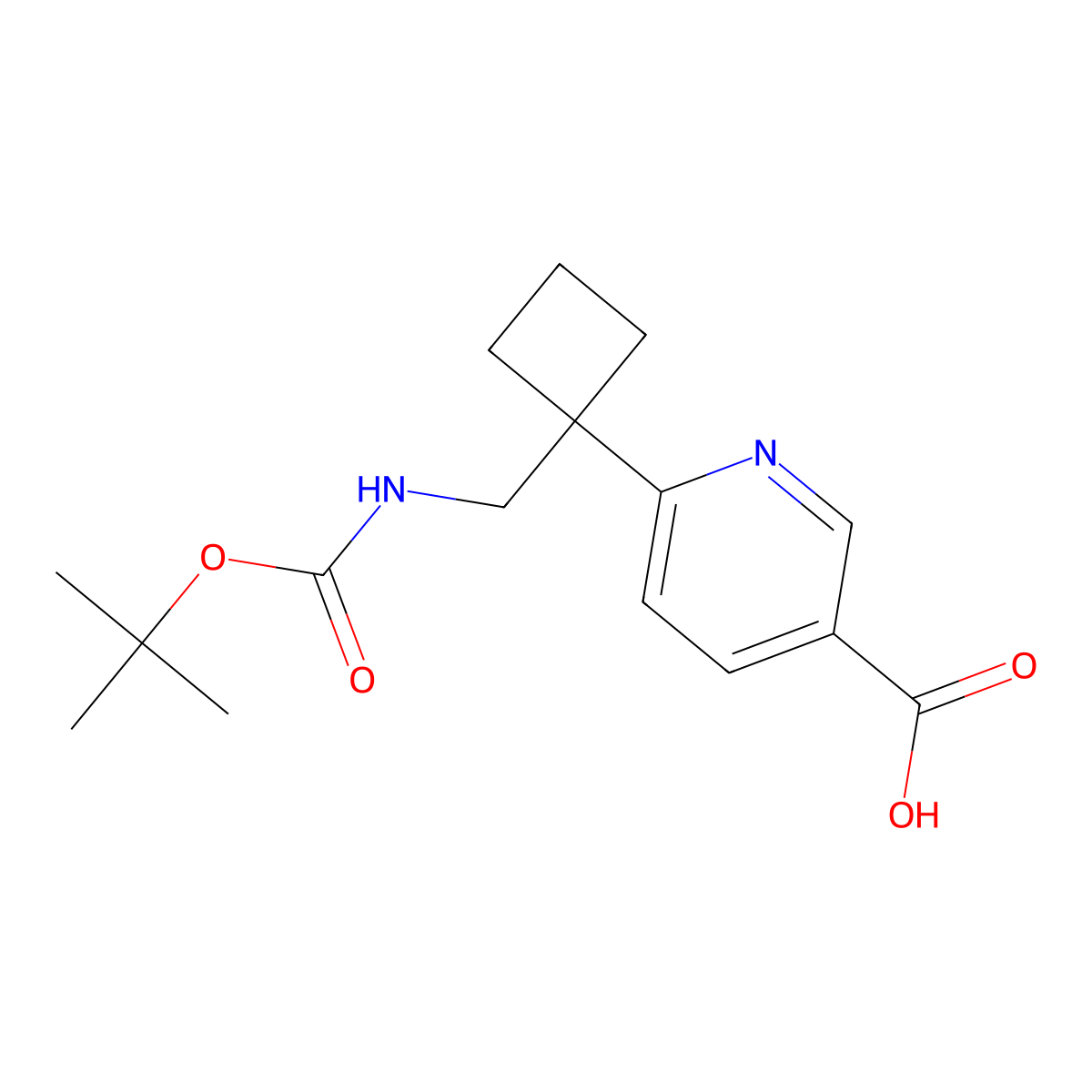 6-(1-((((Tert-butoxy)carbonyl)amino)methyl)cyclobutyl)pyridine-3-carboxylic acid molecular structure, CAS 2172563-13-0