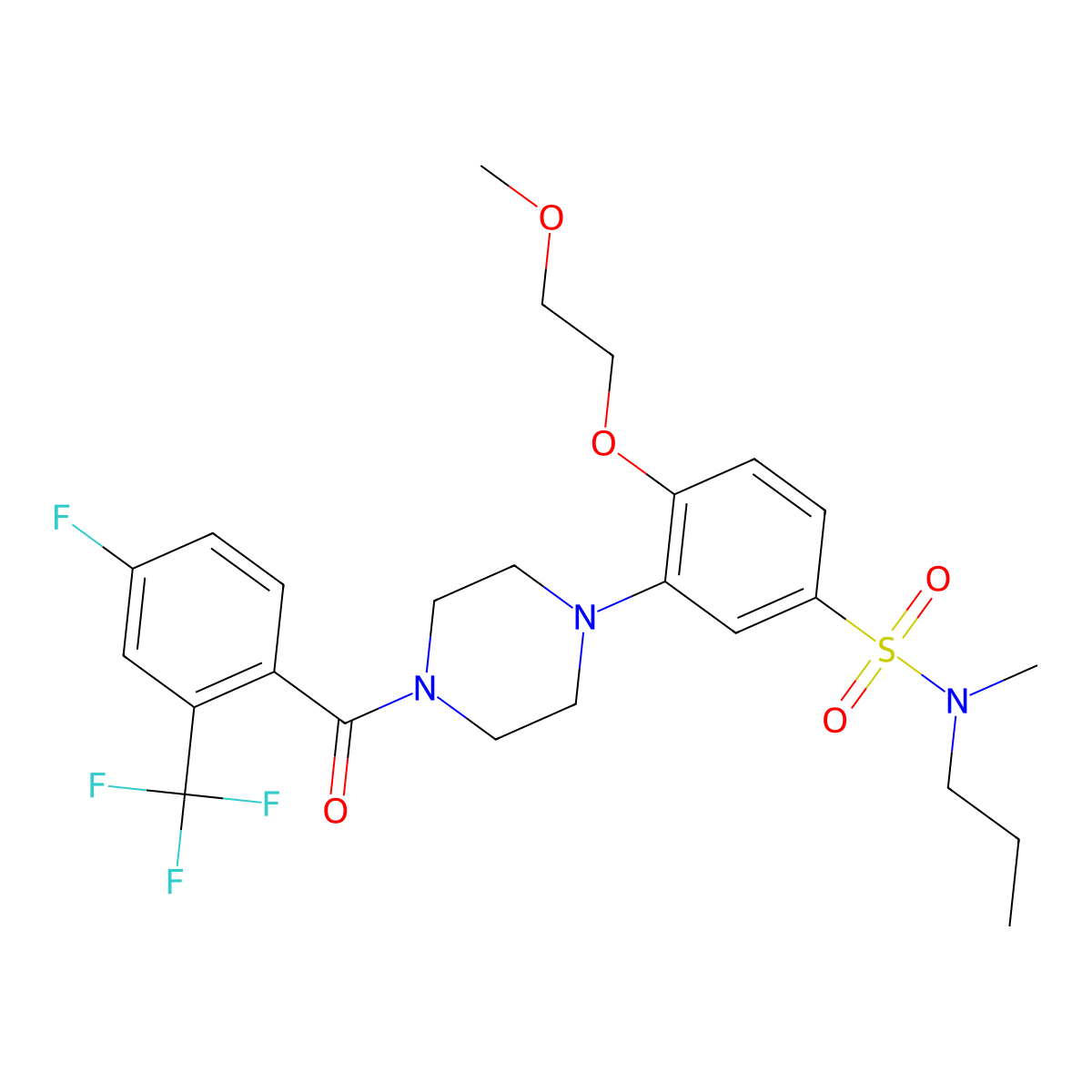 3-(4-(4-fluoro-2-(trifluoromethyl)benzoyl)piperazin-1-yl)-4-(2-methoxyethoxy)-N-methyl-N-propylbenzene-1-sulfonamide molecular structure, CAS 2172585-20-3