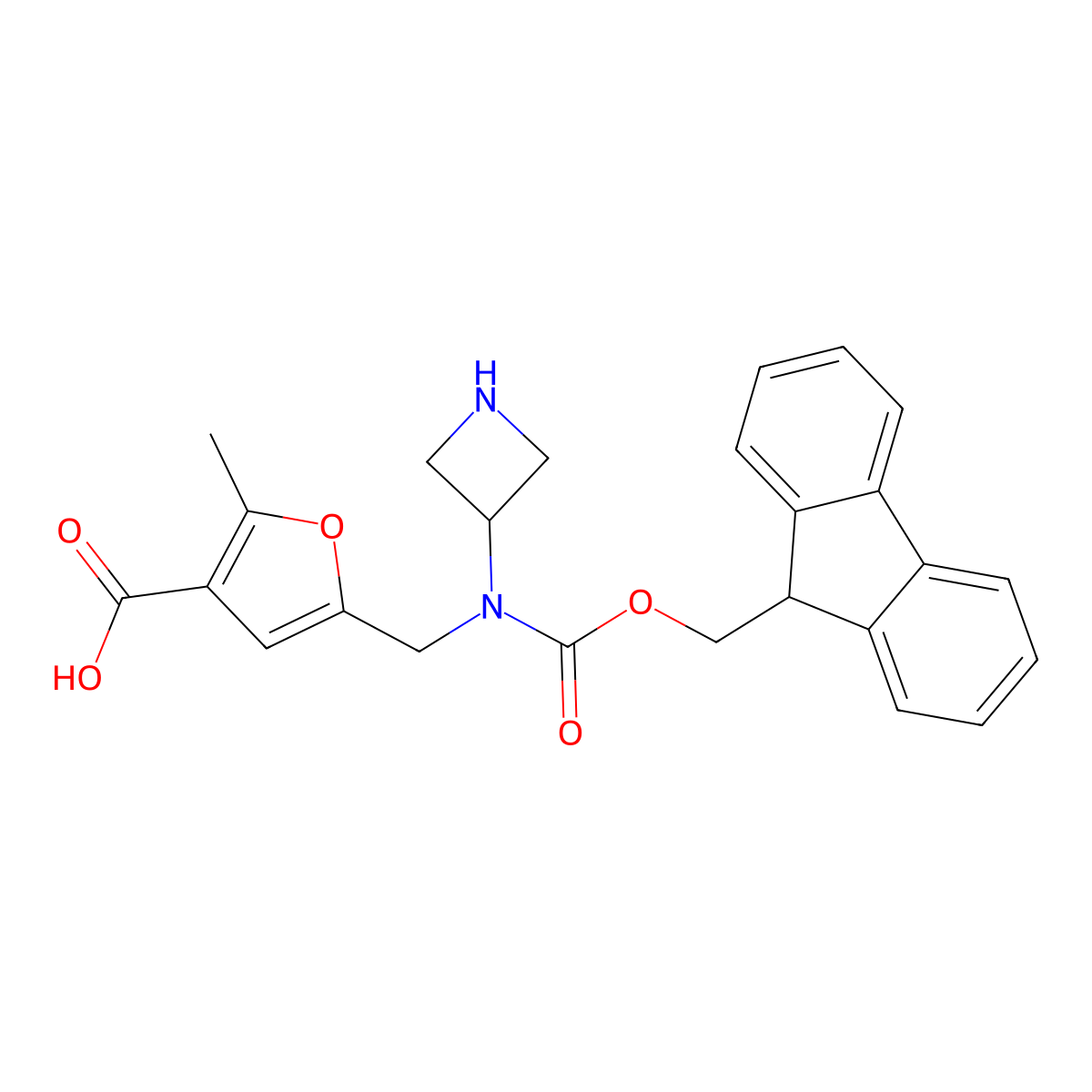 5-{[(azetidin-3-yl)({[(9H-fluoren-9-yl)methoxy]carbonyl})amino]methyl}-2-methylfuran-3-carboxylic acid molecular structure, CAS 2172591-89-6