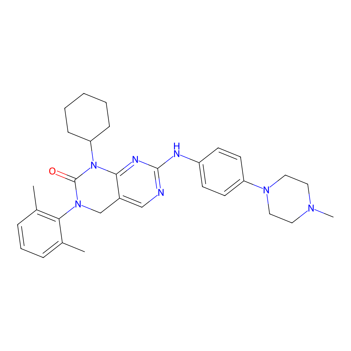 1-Cyclohexyl-3-(2,6-dimethylphenyl)-7-((4-(4-methylpiperazin-1-yl)phenyl)amino)-3,4-dihydropyrimido[4,5-d]pyrimidin-2(1H)-one molecular structure, CAS 2172617-16-0