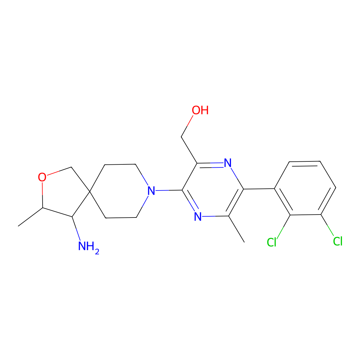(3-((3S,4S)-4-amino-3-methyl-2-oxa-8-azaspiro[4.5]decan-8-yl)-6-(2,3-dichlorophenyl)-5-methylpyrazin-2-yl)methanol molecular structure, CAS 2172651-73-7