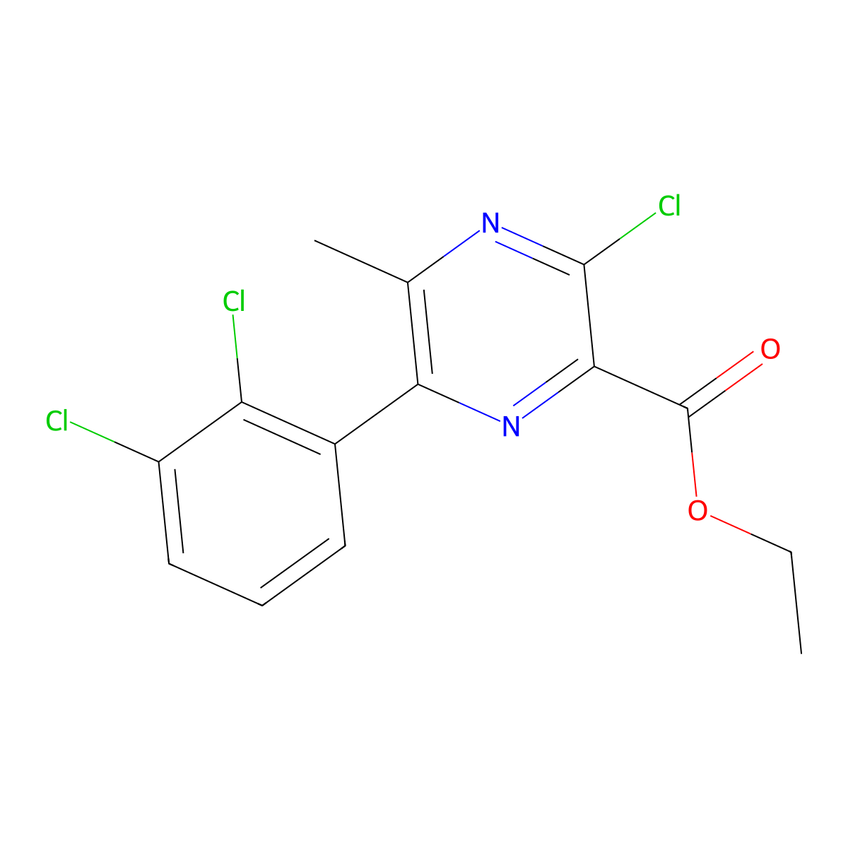 Ethyl 3-chloro-6-(2,3-dichlorophenyl)-5-methylpyrazine-2-carboxylate molecular structure, CAS 2172654-36-1