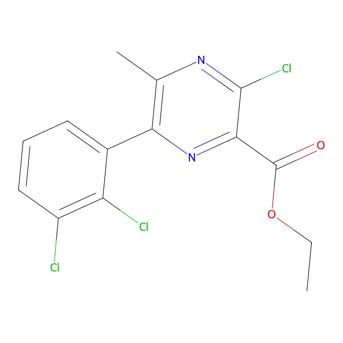 Ethyl 3-chloro-6-(2,3-dichlorophenyl)-5-methylpyrazine-2-carboxylate molecular structure, CAS 2172654-36-1