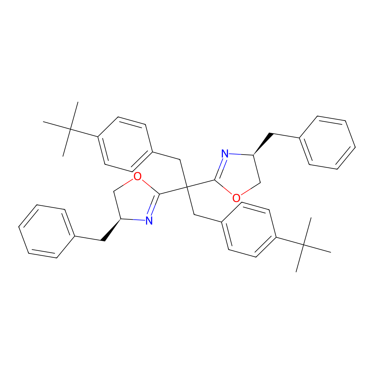 (4S,4'S)-2,2'-(1,3-Bis(4-(tert-butyl)phenyl)propane-2,2-diyl)bis(4-benzyl-4,5-dihydrooxazole) molecular structure, CAS 2172801-78-2