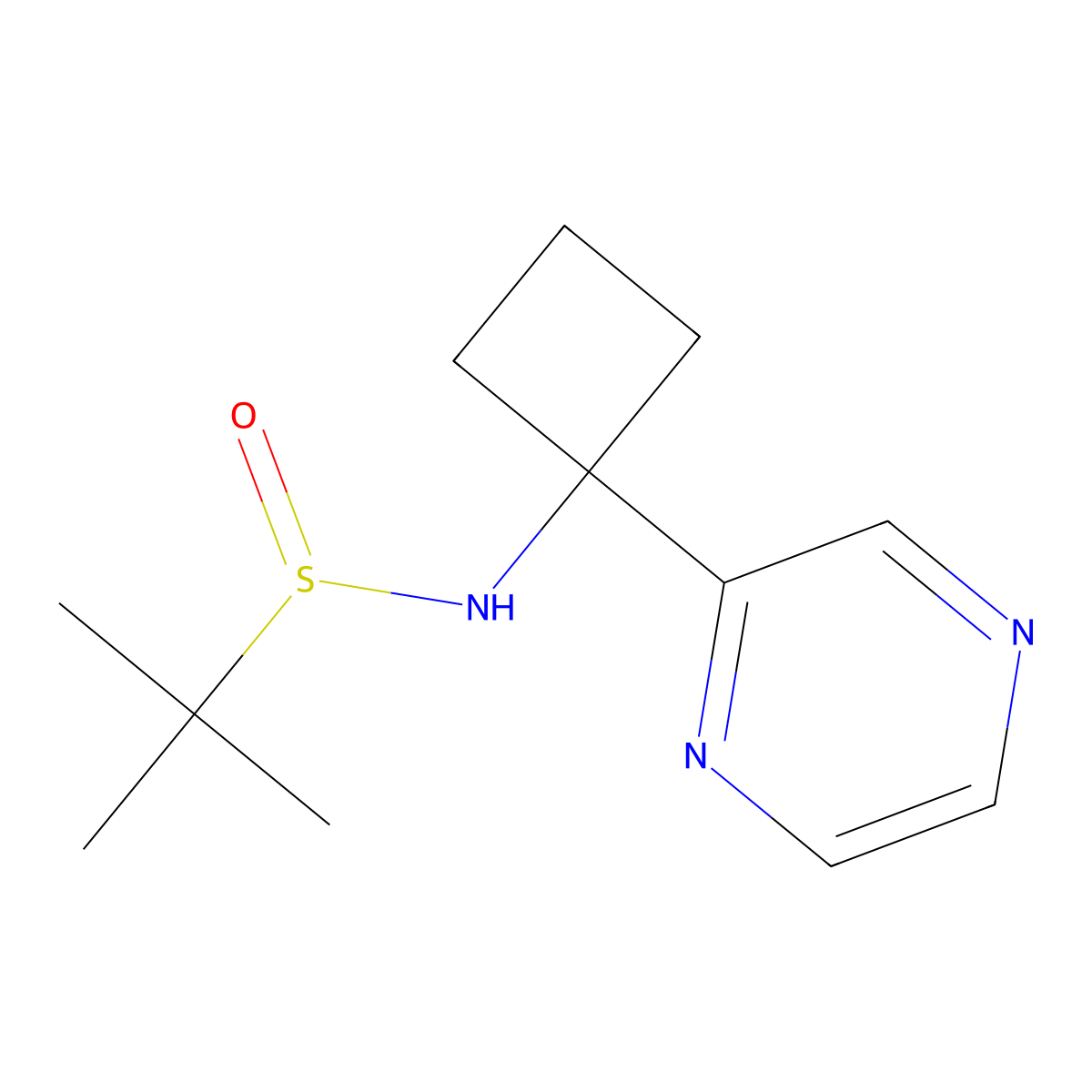 2-methyl-N-(1-(pyrazin-2-yl)cyclobutyl)propane-2-sulfinamide molecular structure, CAS 2173135-05-0