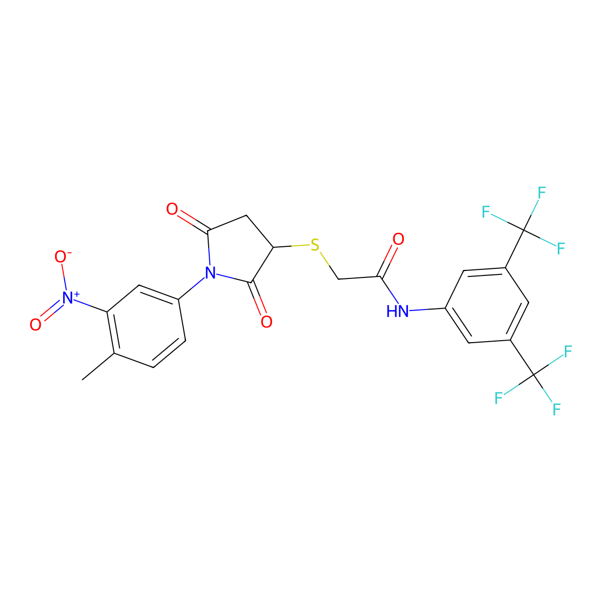 N-(3,5-Bis(trifluoromethyl)phenyl)-2-((1-(4-methyl-3-nitrophenyl)-2,5-dioxopyrrolidin-3-yl)thio)acetamide molecular structure, CAS 217317-54-9