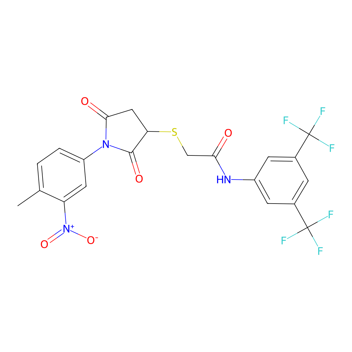 N-(3,5-Bis(trifluoromethyl)phenyl)-2-((1-(4-methyl-3-nitrophenyl)-2,5-dioxopyrrolidin-3-yl)thio)acetamide molecular structure, CAS 217317-54-9