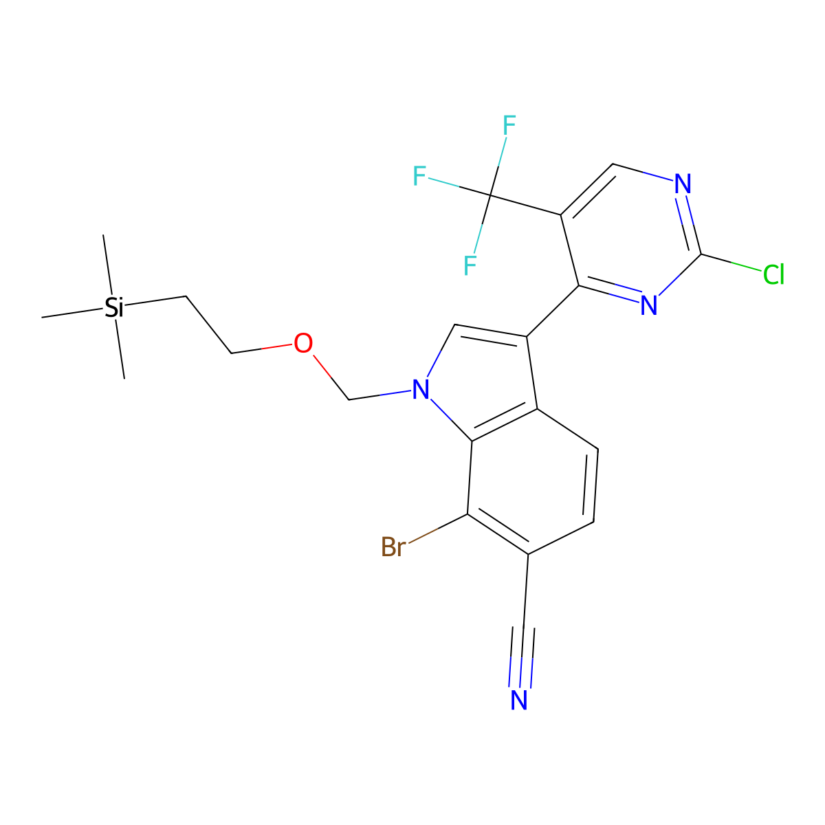 7-Bromo-3-(2-chloro-5-(trifluoromethyl)pyrimidin-4-yl)-1-((2-(trimethylsilyl)ethoxy)methyl)-1H-indole-6-carbonitrile molecular structure, CAS 2173193-94-5