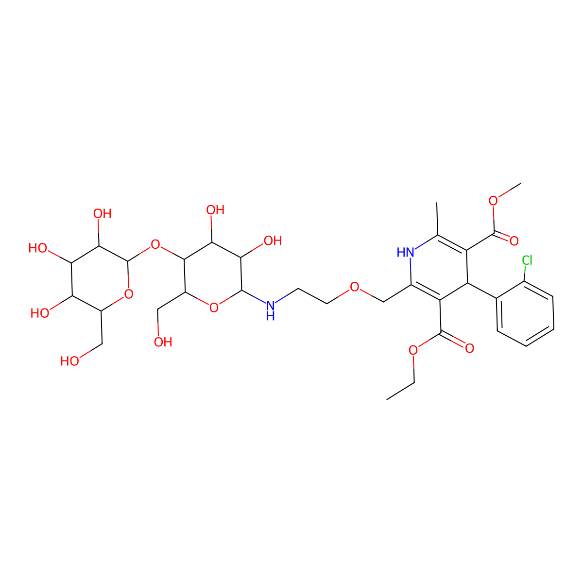 3-Ethyl 5-methyl 4-(2-chlorophenyl)-2-((2-(((3R,4R,5S,6R)-3,4-dihydroxy-6-(hydroxymethyl)-5-(((2S,3R,4S,5R,6R)-3,4,5-trihydroxy-6-(hydroxymethyl)tetrahydro-2H-pyran-2-yl)oxy)tetrahydro-2H-pyran-2-yl)amino)ethoxy)methyl)-6-methyl-1,4-dihydropyridine-3,5-dicarboxylate molecular structure, CAS 2173291-00-2