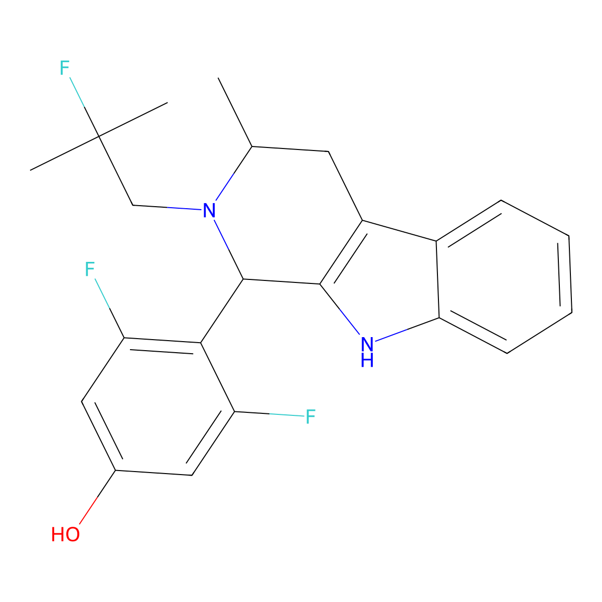 3,5-difluoro-4-((1R,3R)-2-(2-fluoro-2-methylpropyl)-3-methyl-2,3,4,9-tetrahydro-1H-pyrido[3,4-b]indol-1-yl)phenol molecular structure, CAS 2173404-70-9