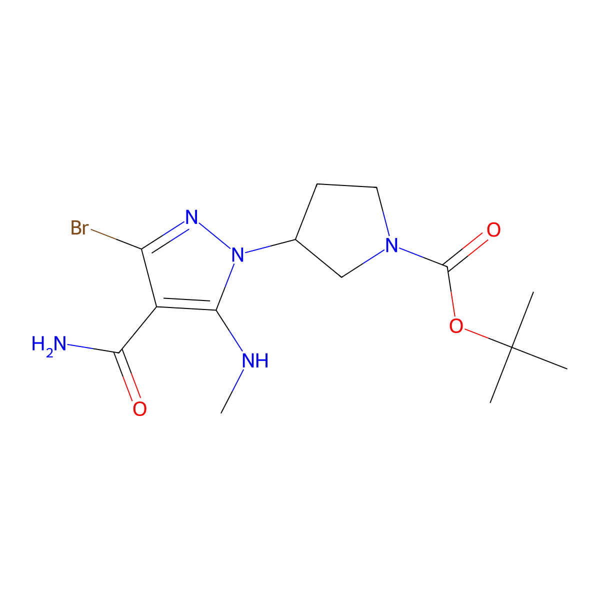 tert-butyl (3S)-3-[3-bromo-4-carbamoyl-5-(methylamino)-1H-pyrazol-1-yl]pyrrolidine-1-carboxylate molecular structure, CAS 2173637-18-6