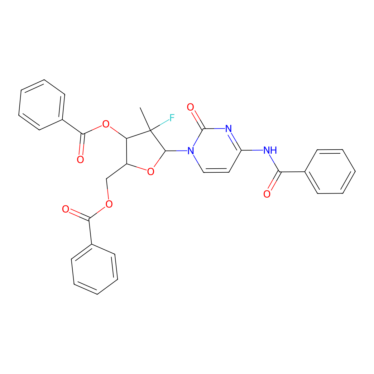 [(2r,3s,4r,5r)-5-(4-Benzamido-2-oxo-1,2-dihydropyrimidin-1-yl)-3-(benzoyloxy)-4-fluoro-4-methyloxolan-2-yl]methyl benzoate molecular structure, CAS 2173637-26-6